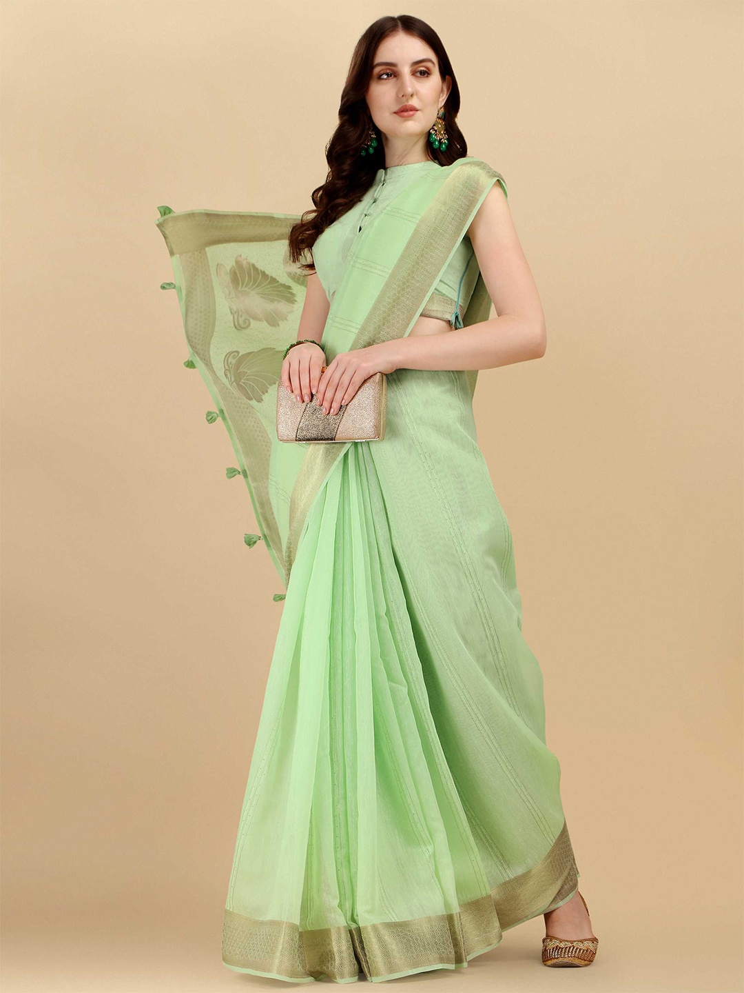 

DUNGRANI Green & Gold-Toned Striped Sequinned Silk Cotton Saree