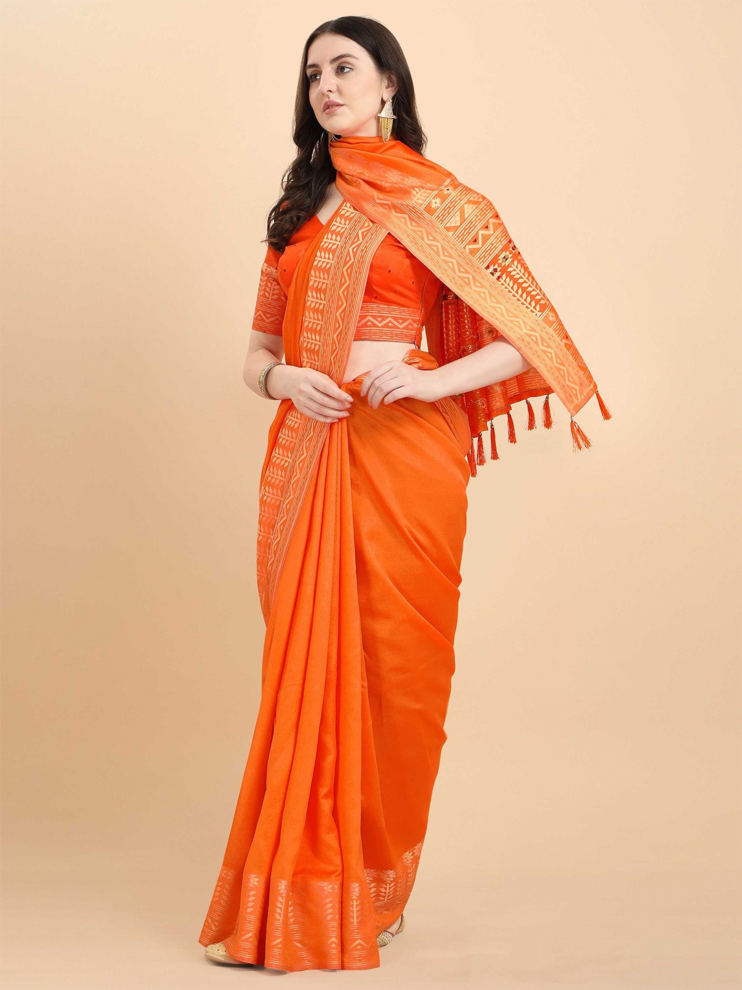 

DUNGRANI Orange & Gold-Toned Zari Art Silk Saree