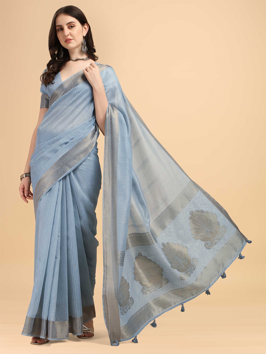 

DUNGRANI Grey & Gold-Toned Striped Sequinned Silk Cotton Saree