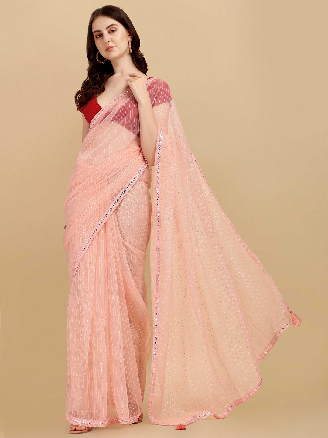 

DUNGRANI Peach-Coloured & Silver-Toned Striped Sequinned Organza Saree