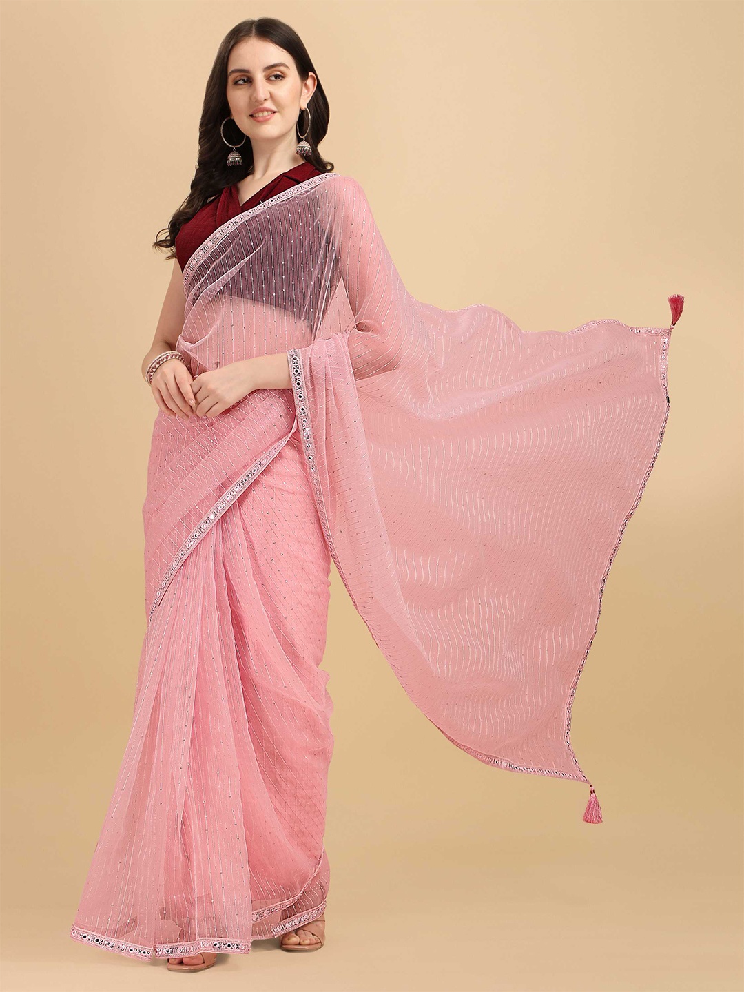 

DUNGRANI Pink & Silver-Toned Striped Sequinned Organza Saree