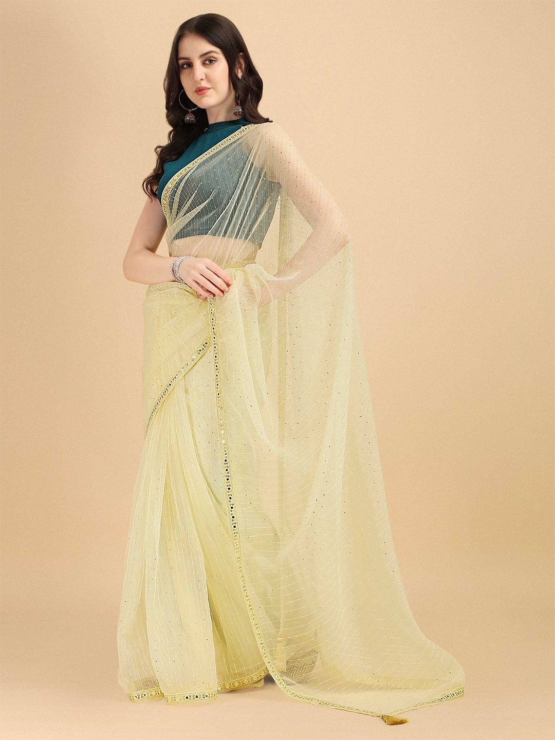

DUNGRANI Yellow & Silver-Toned Striped Sequinned Organza Saree