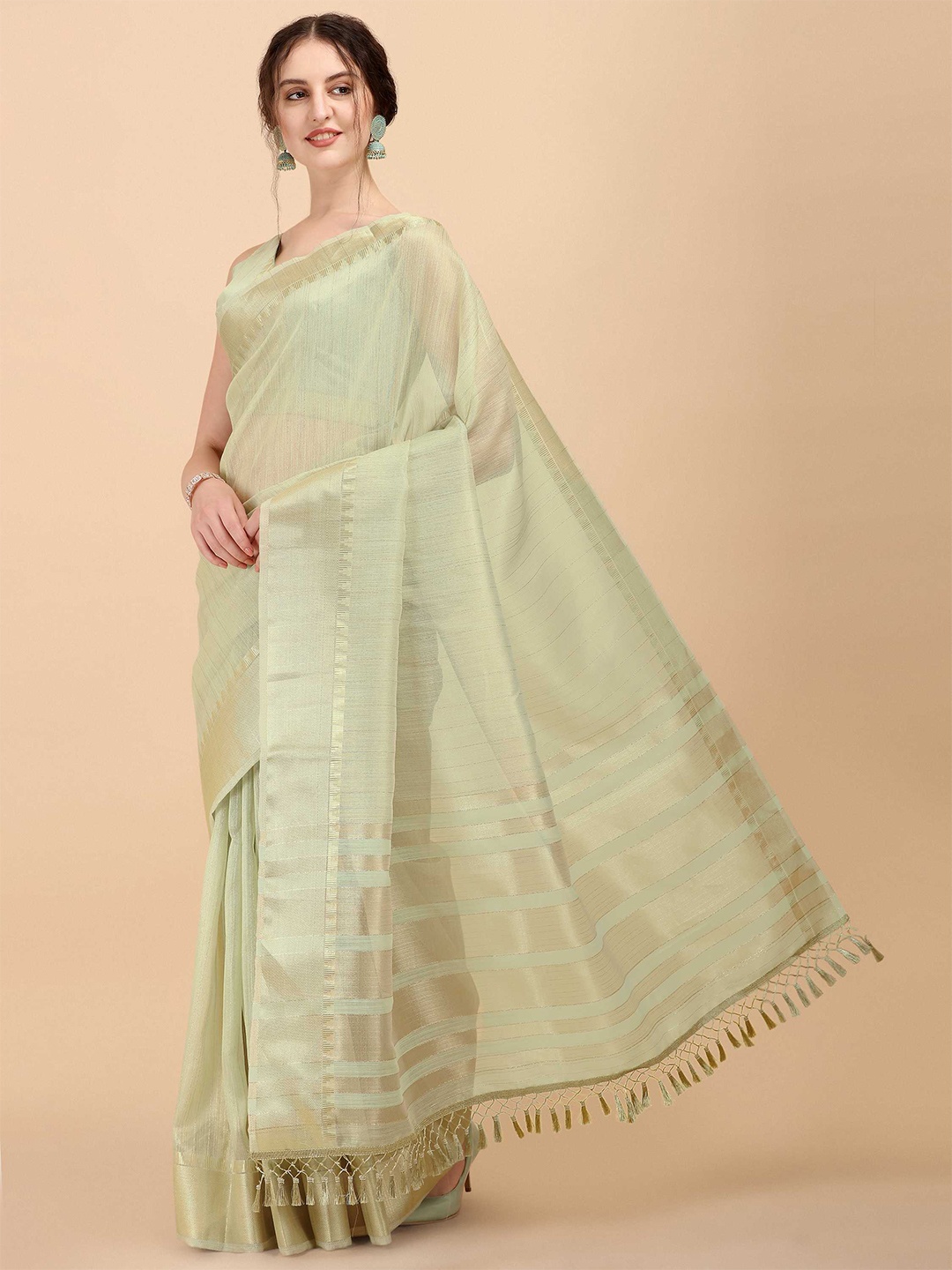 

DUNGRANI Sea Green & Gold-Toned Zari Organza Saree