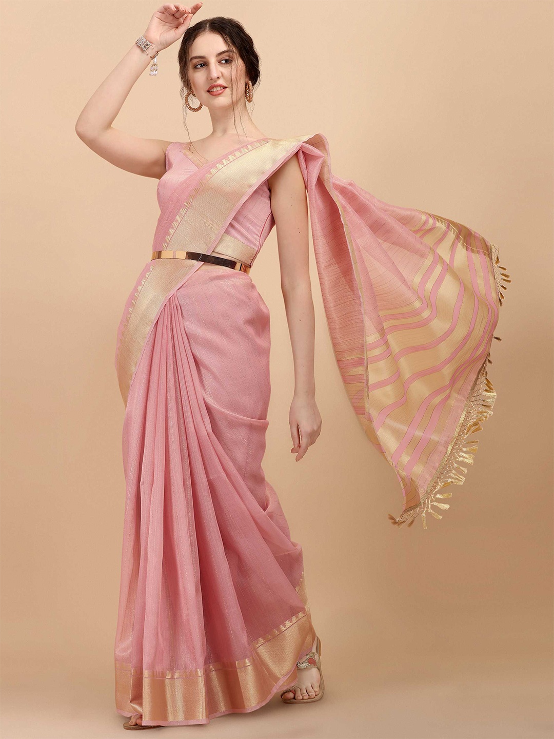 

DUNGRANI Pink & Gold-Toned Striped Zari Organza Saree