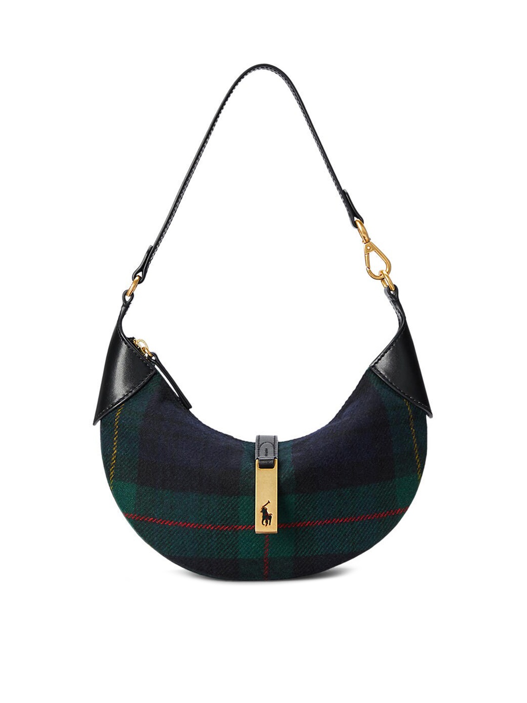 

Polo Ralph Lauren Green Checked Half Moon Hobo Bag
