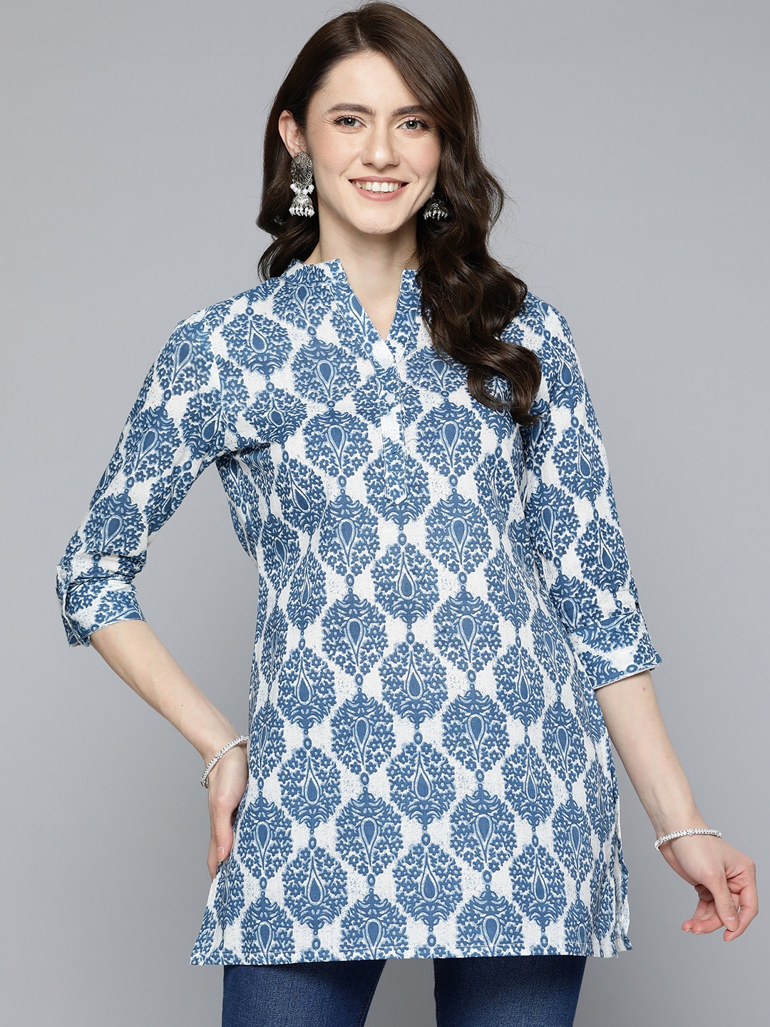 

HERE&NOW White & Navy Blue Ethnic Motifs Printed Pure Cotton Kurti