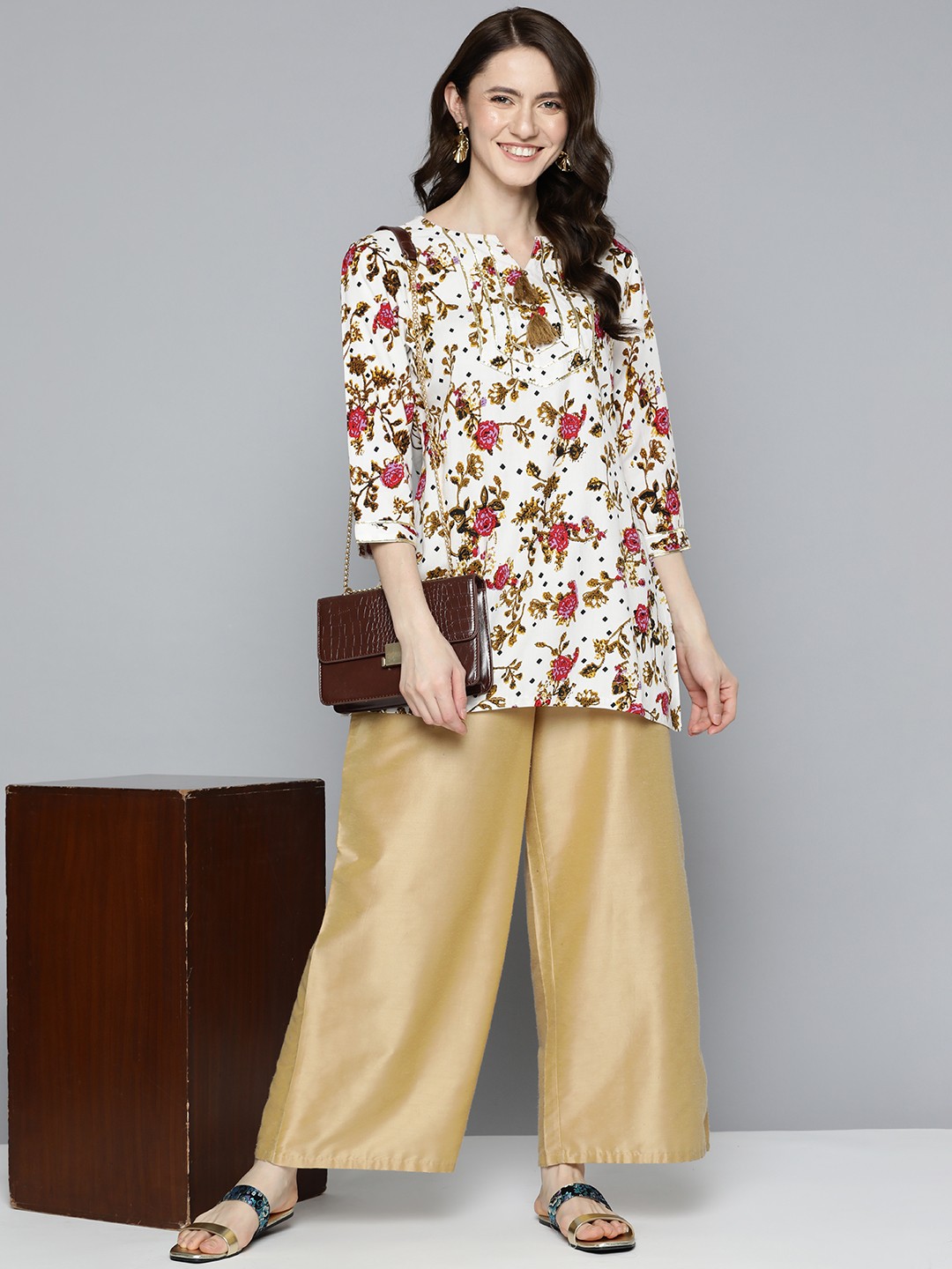 

HERE&NOW Ethnic Motifs Printed Gotta Patti Kurti, Off white
