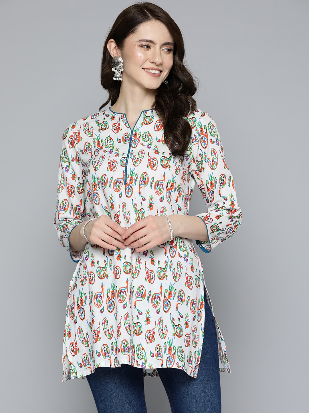 

HERE&NOW White & Orange Ethnic Motifs Printed Pure Cotton Kurti