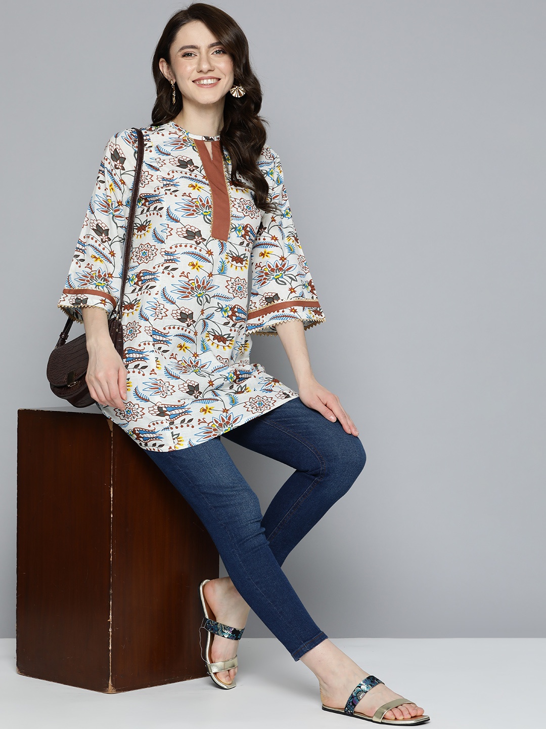 

HERE&NOW White & Rust Brown Floral Printed Flared Sleeves Pure Cotton Kurti
