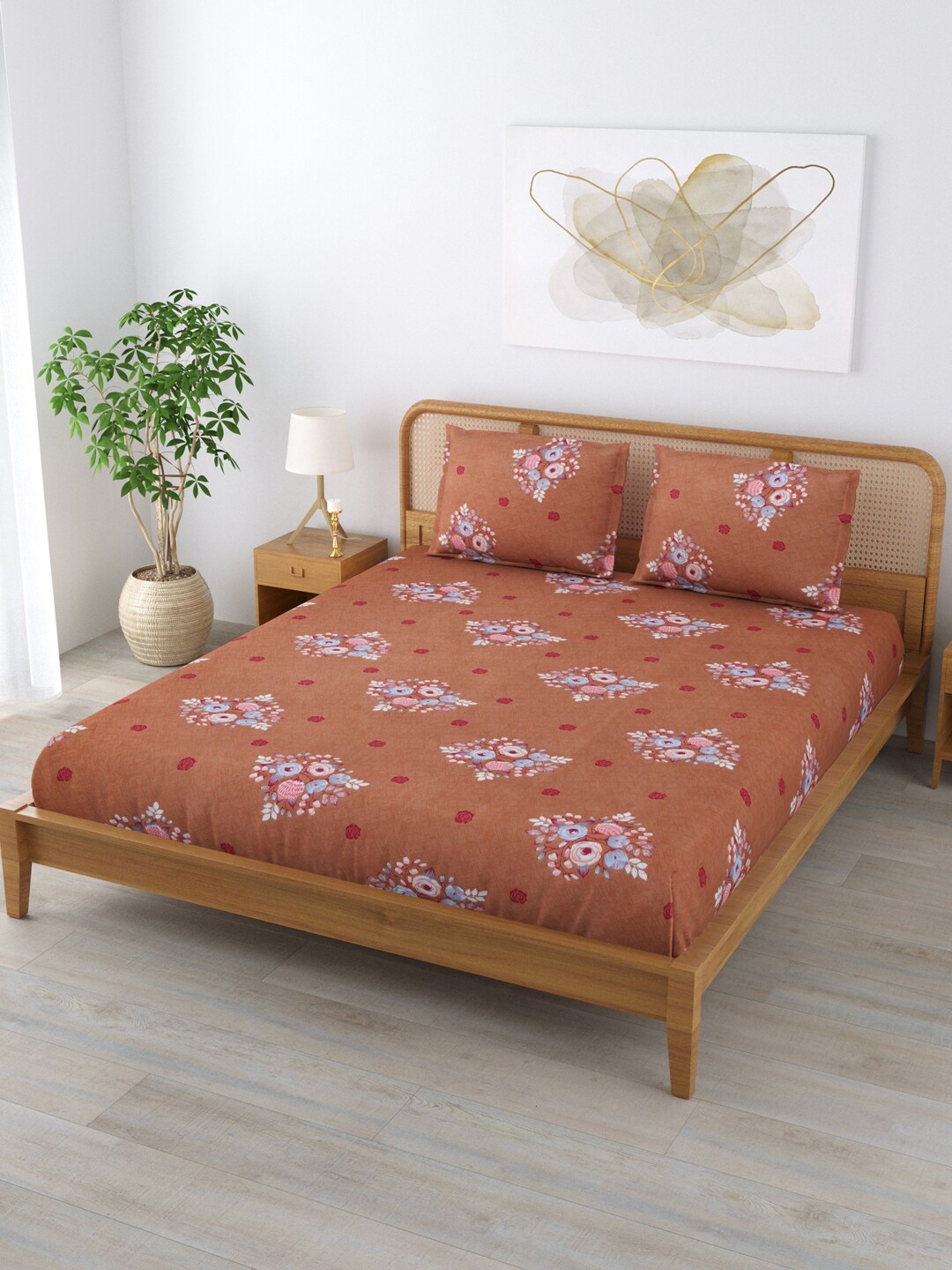 

Clasiko Brown & Blue Floral 144 TC Queen Bedsheet with 2 Pillow Covers