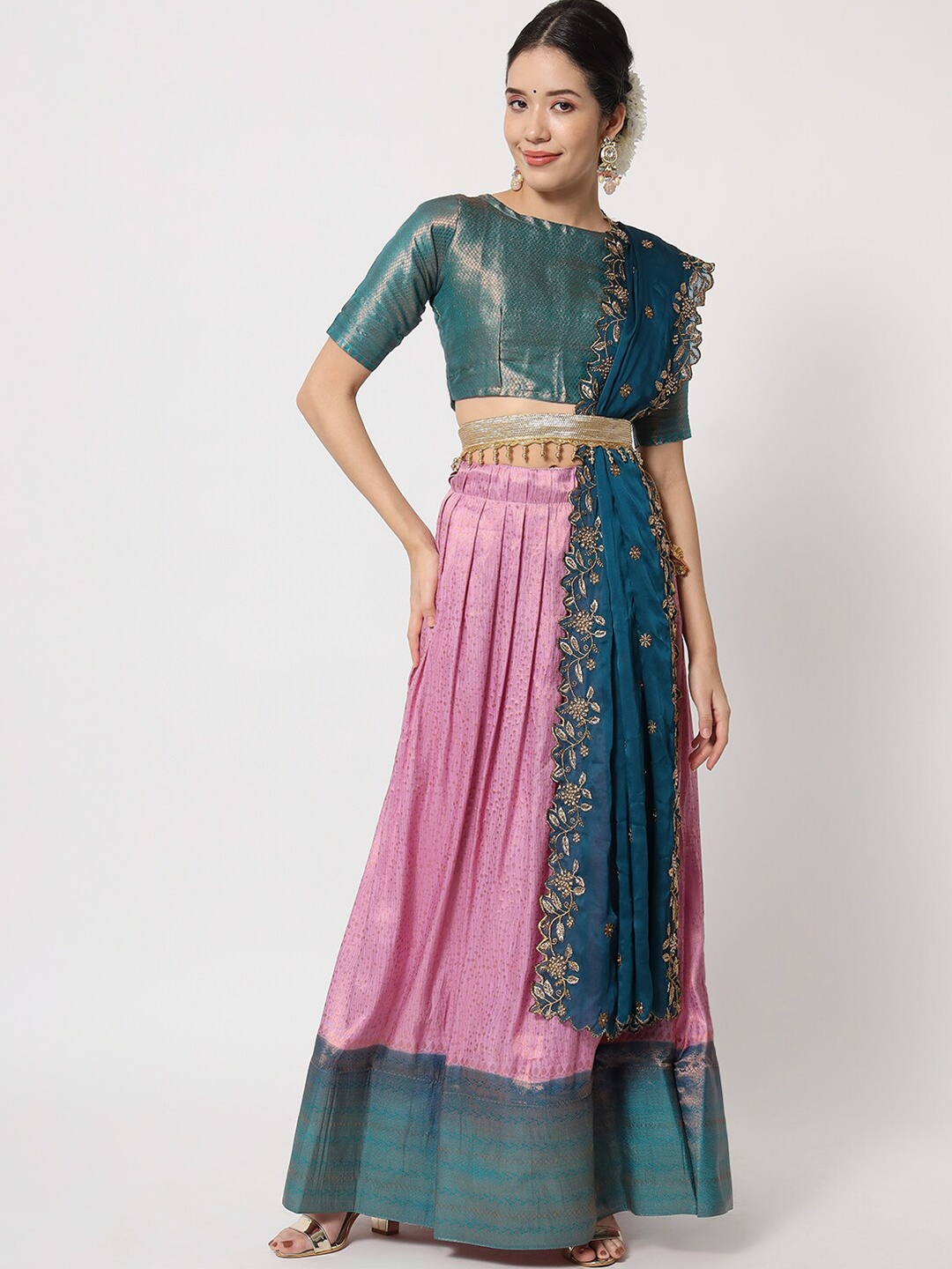 

DIVASTRI Pink & Blue Woven Design Ready to Wear Lehenga & Unstitched Blouse With Dupatta