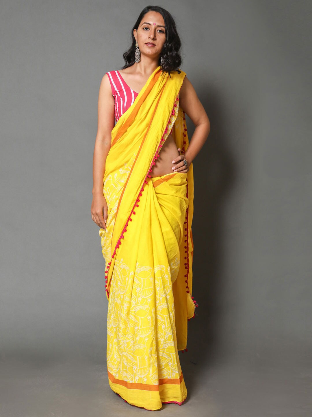 

BUTA BUTI Yellow & Pink Floral Pure Cotton Saree