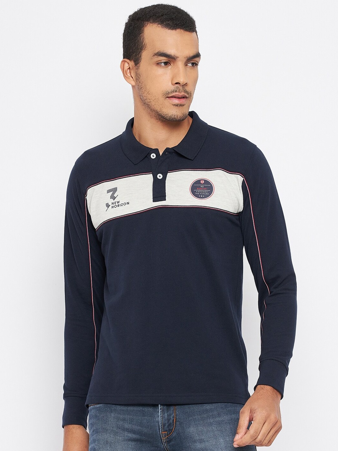 

Duke Men Navy Blue Colourblocked Polo Collar Slim Fit Cotton T-shirt