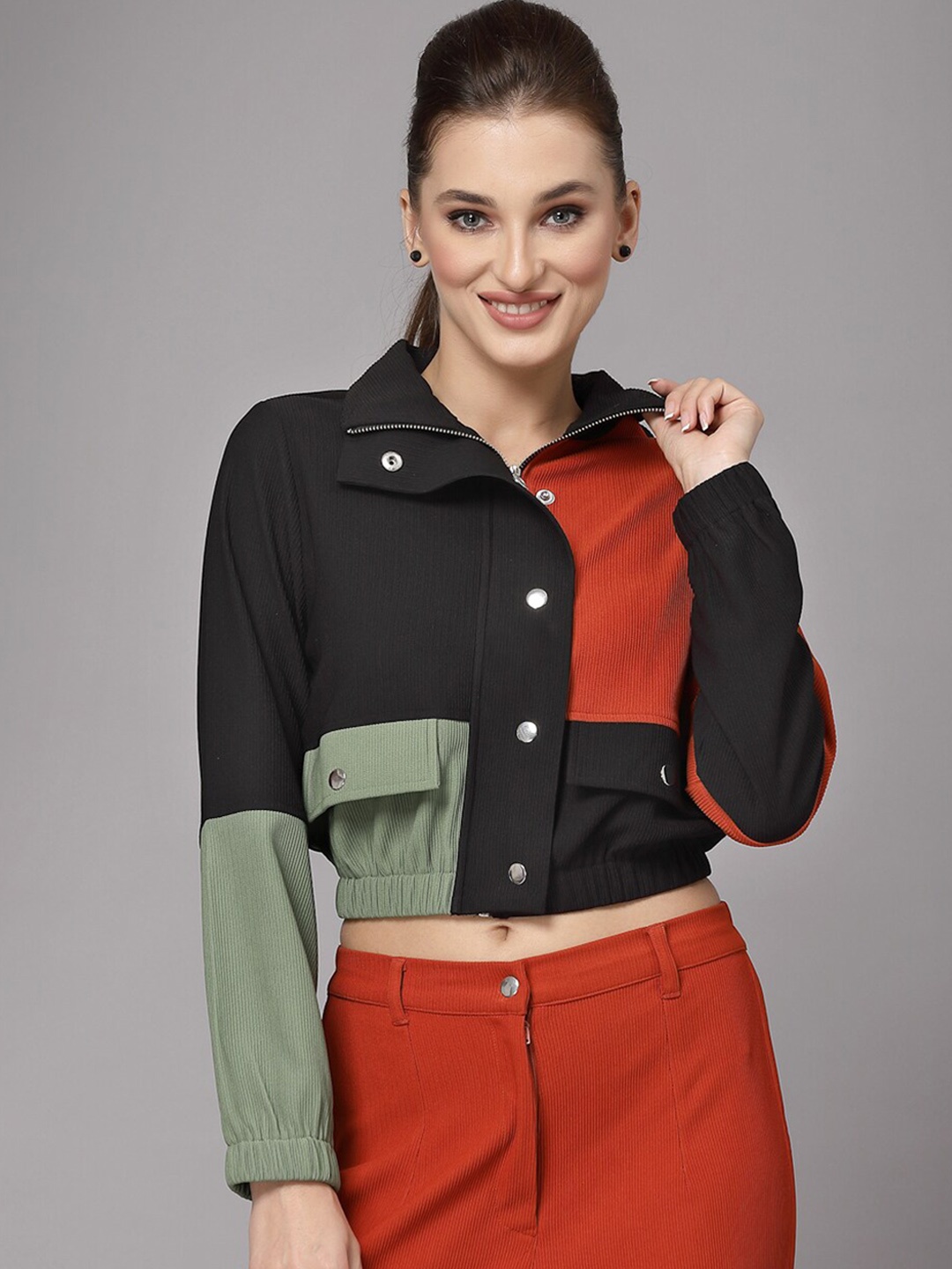 

KASSUALLY Women Black Red Colourblocked Crop Bomber Jacket