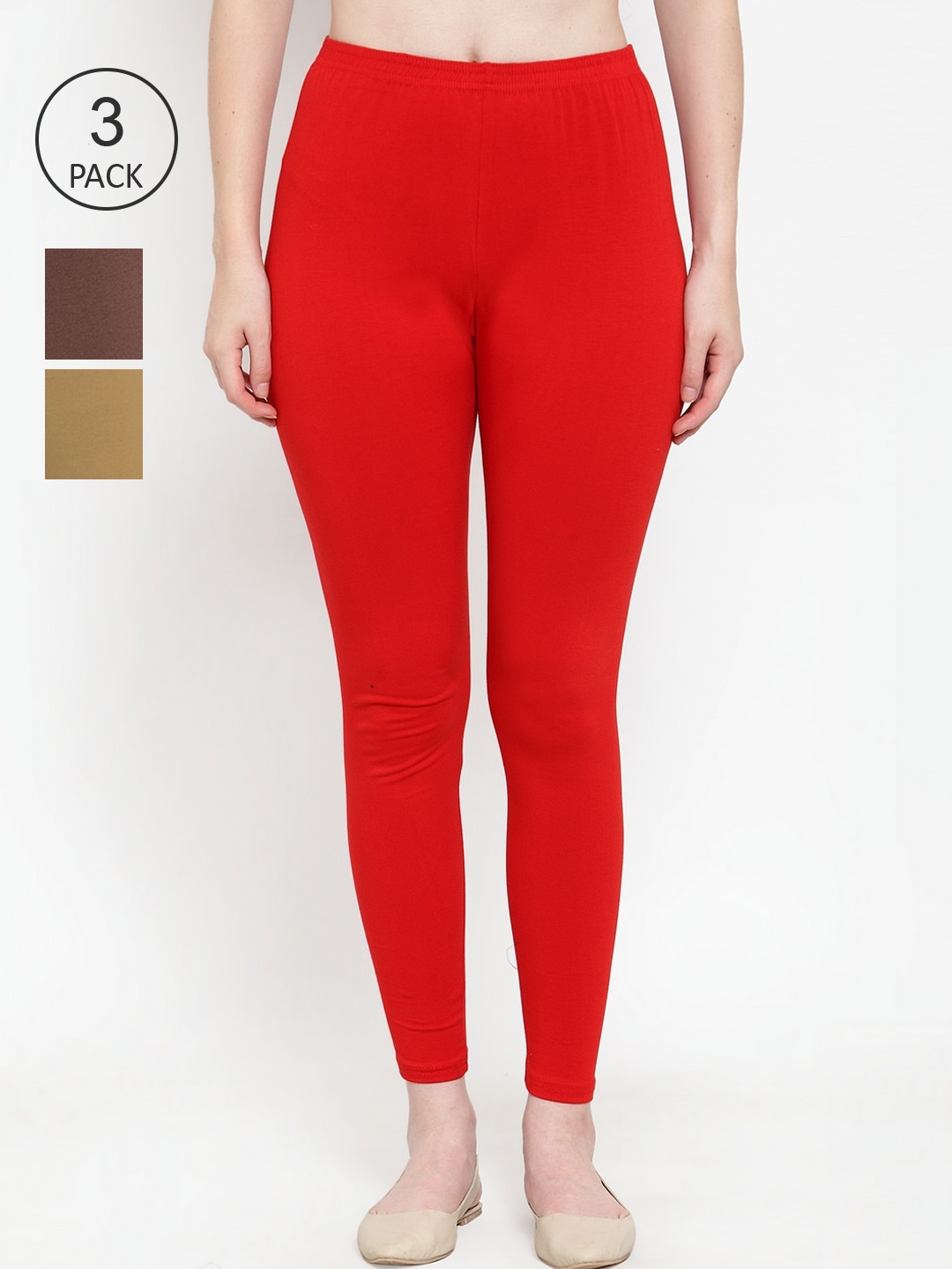 

GRACIT Women Pack Of 3 Cotton Lycra Solid Ankle-Length Cotton Leggings, Red