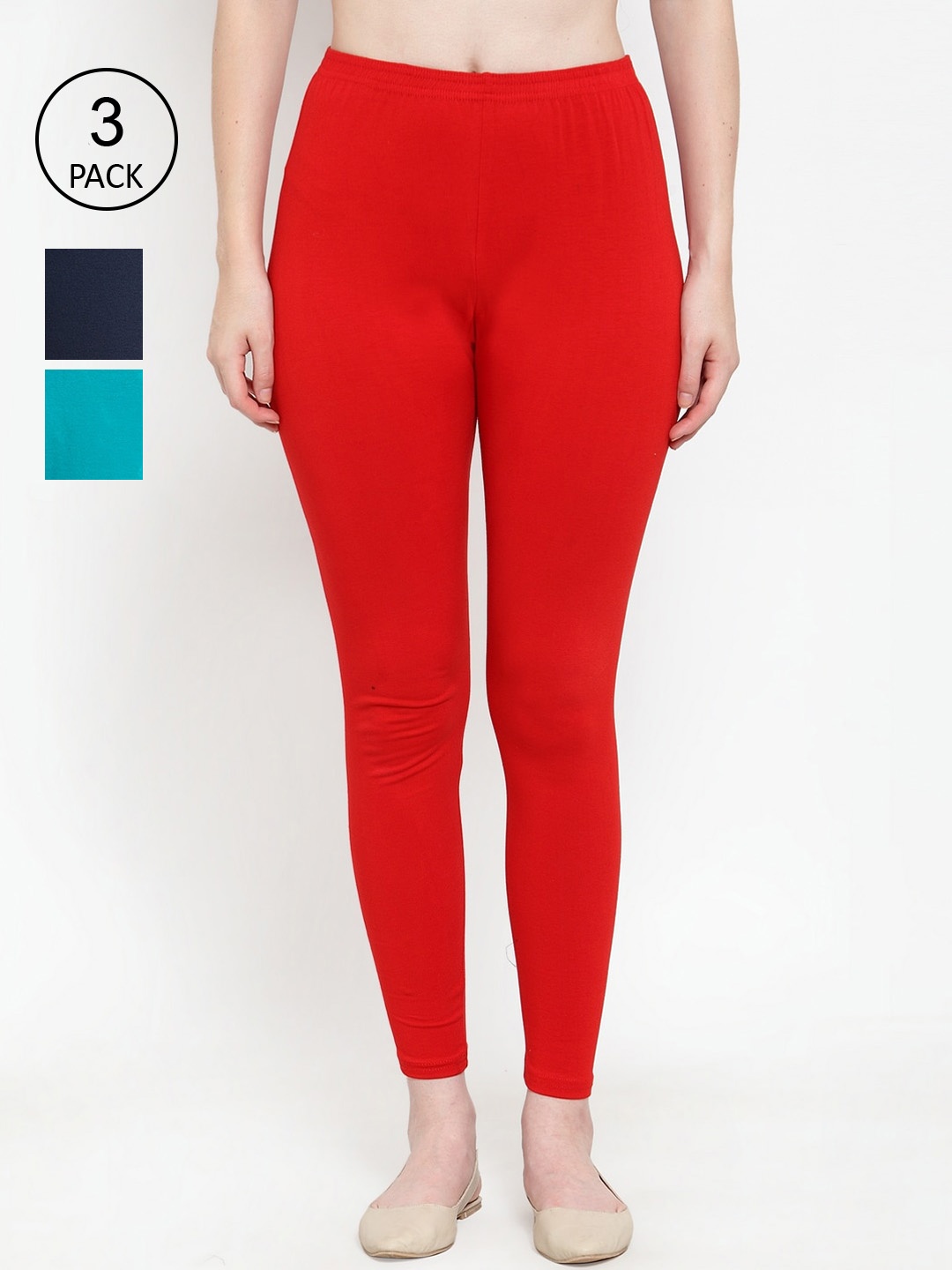 

GRACIT Women Pack Of 3 Cotton Lycra Solid Ankle-Length Leggings, Red
