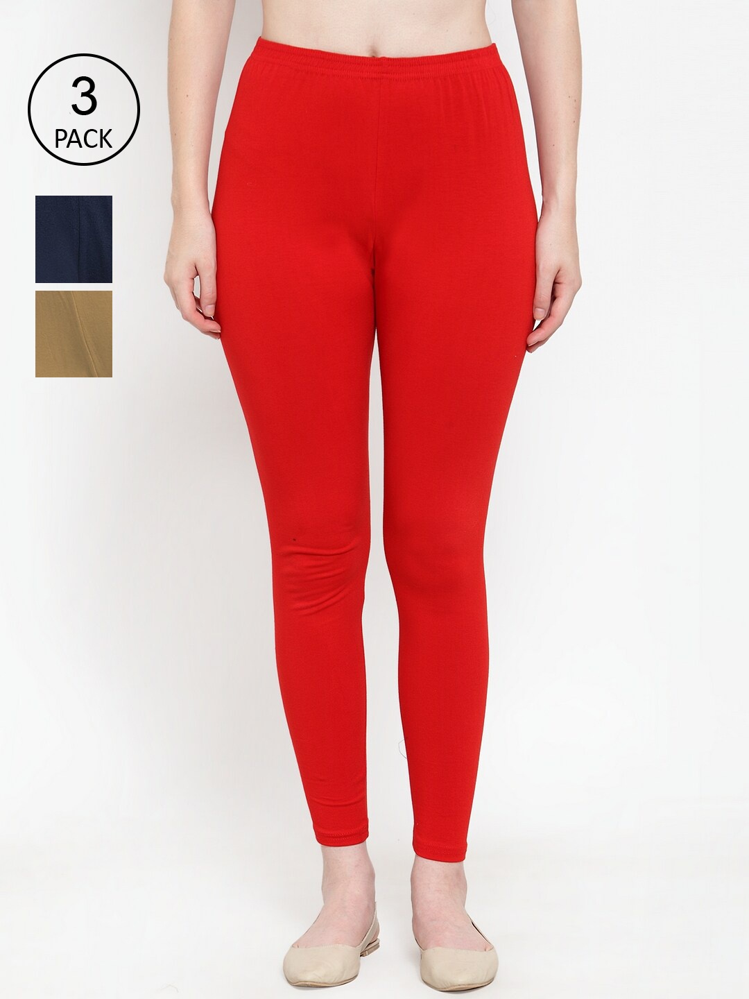 

GRACIT Women Pack Of 3 Cotton Lycra Solid Ankle-Length Leggings, Red