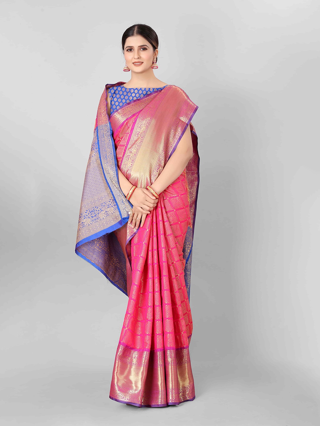 

Silk Land Pink & Blue Checked Zari Art Silk Banarasi Saree