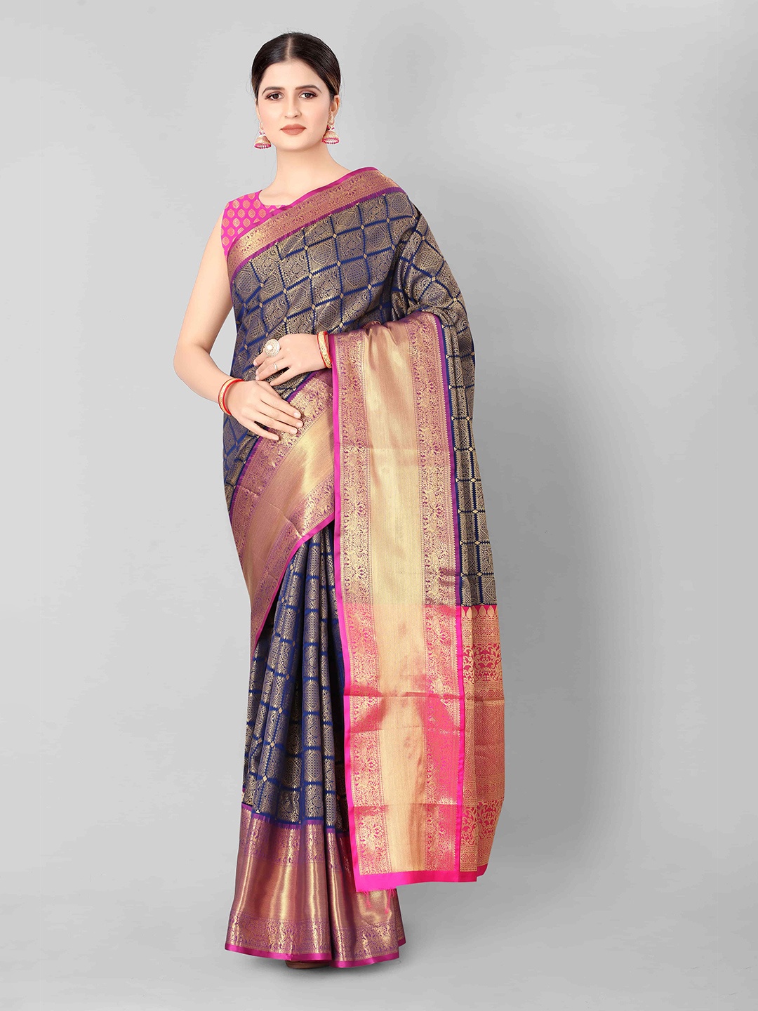 

Silk Land Navy Blue & Pink Zari Art Silk Banarasi Saree