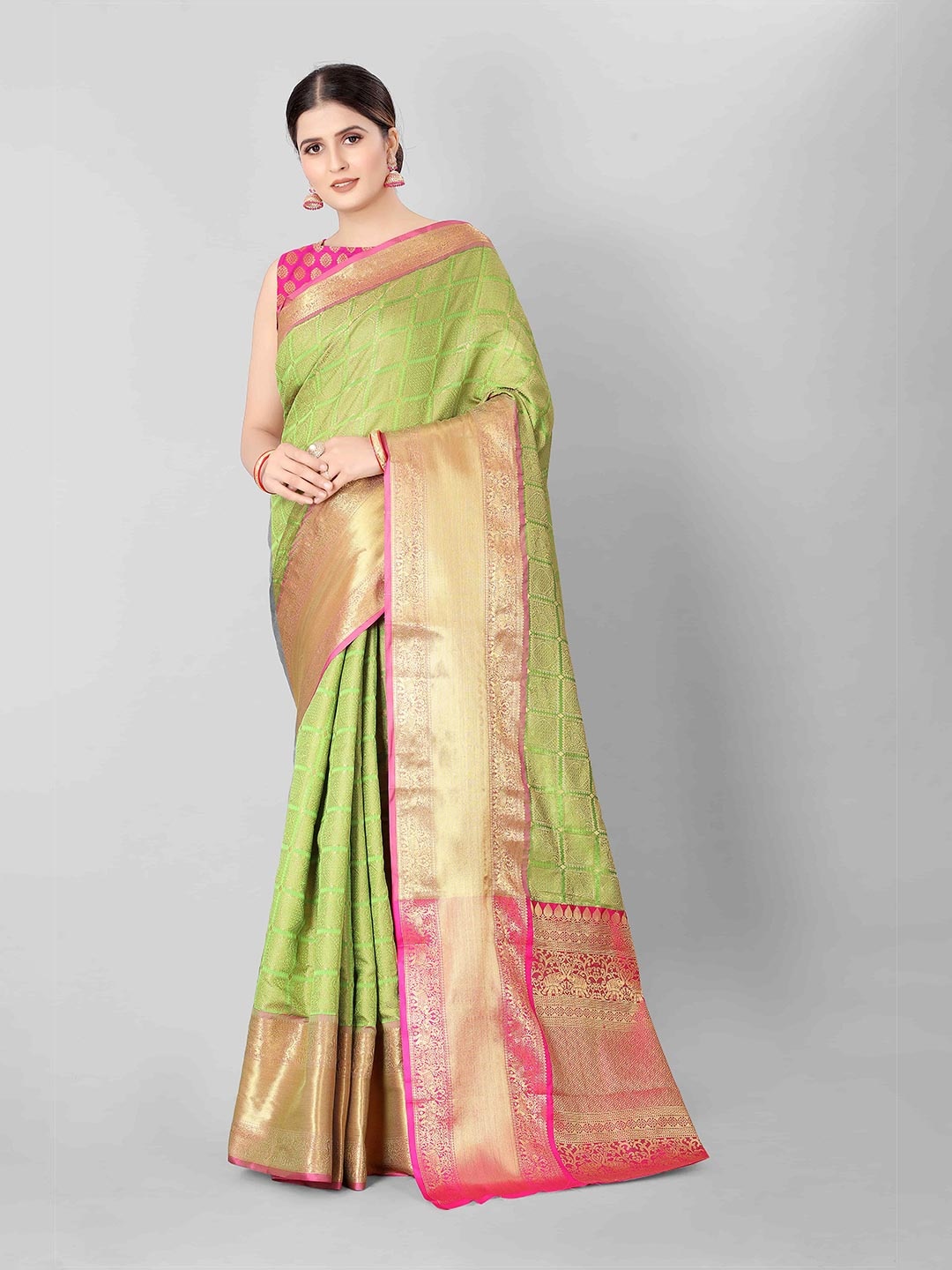 

Silk Land Lime Green & Pink Ethnic Motifs Zari Art Silk Banarasi Saree
