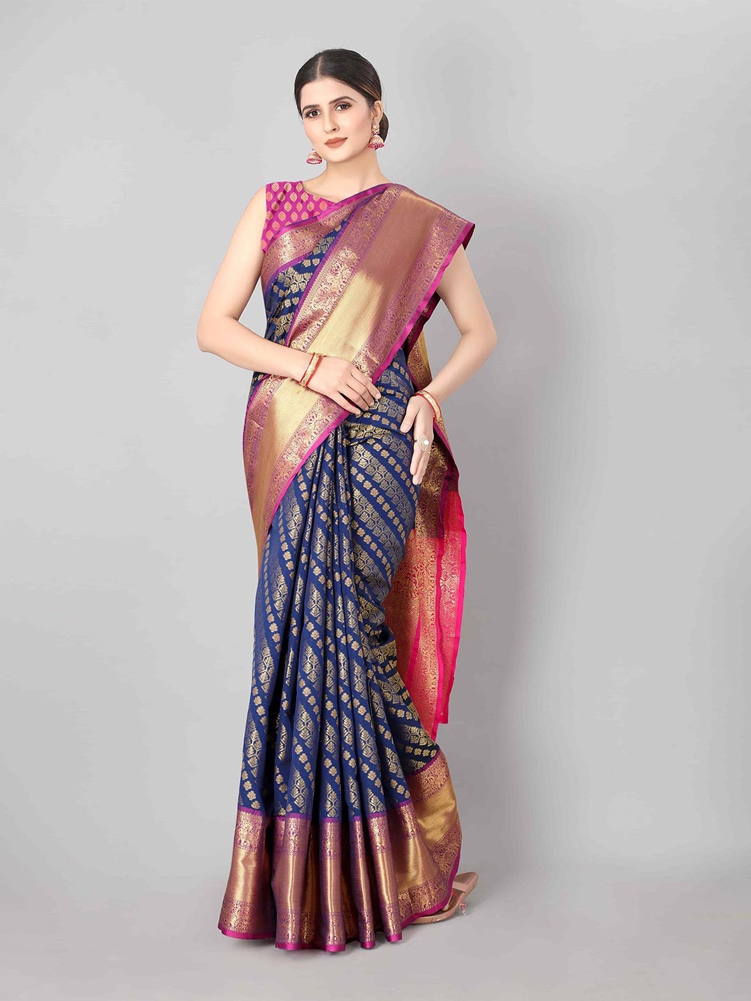 

Silk Land Navy Blue & Pink Ethnic Motifs Zari Art Silk Banarasi Saree