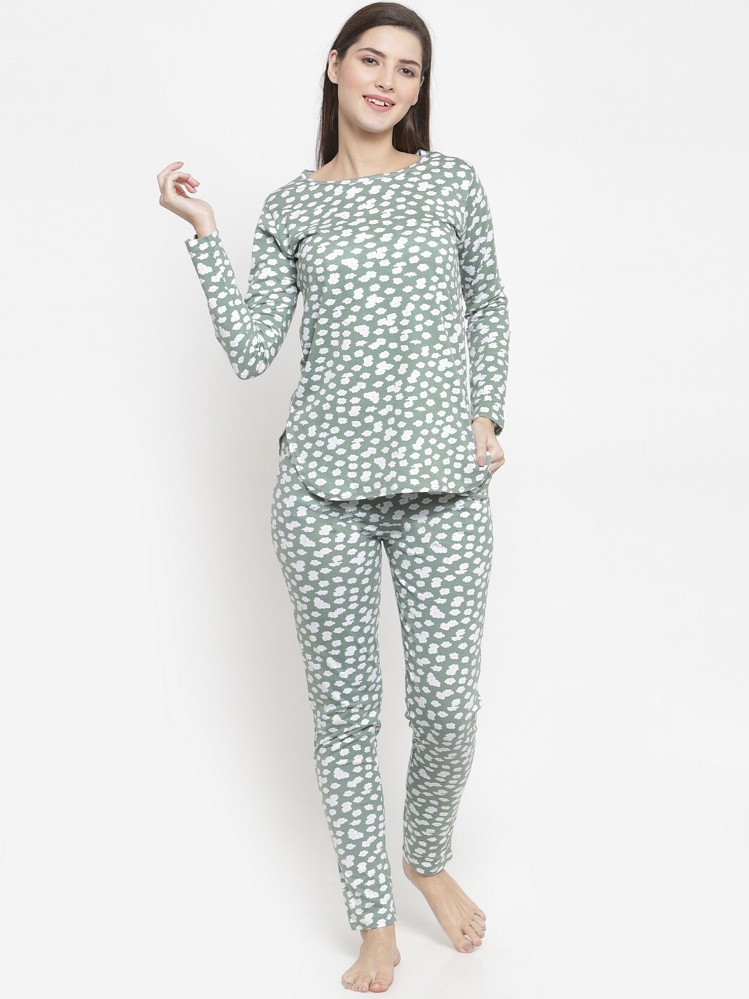 

Boston Club Women Green & White Printed Pure Cotton Night suit
