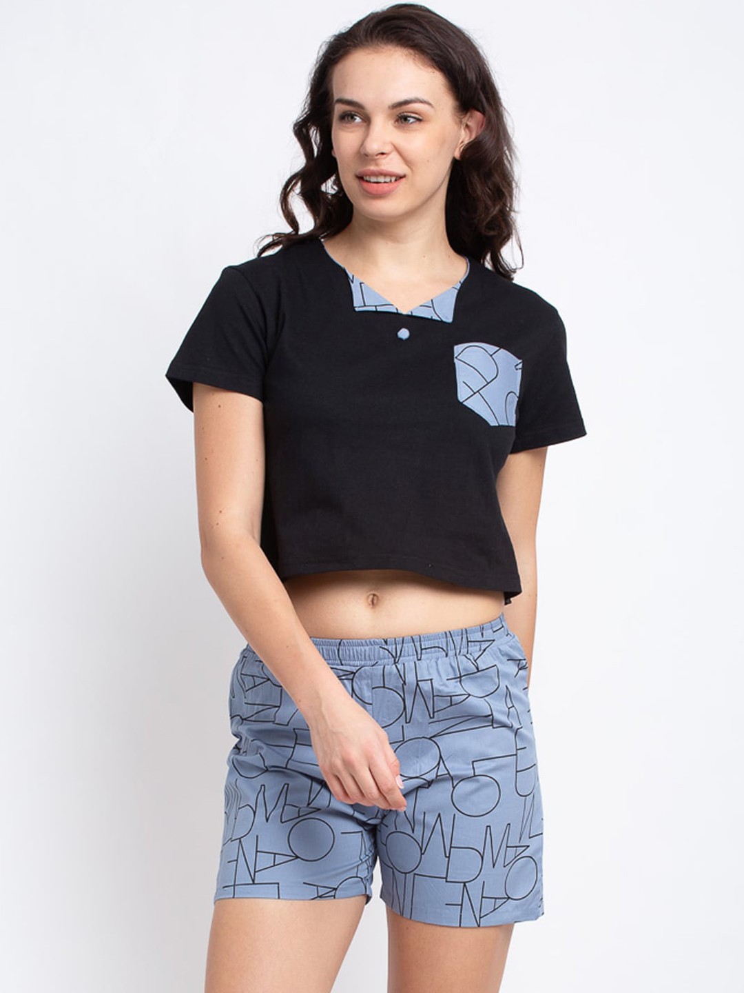

Boston Club Women Blue & Black Printed Pure Cotton Night suit