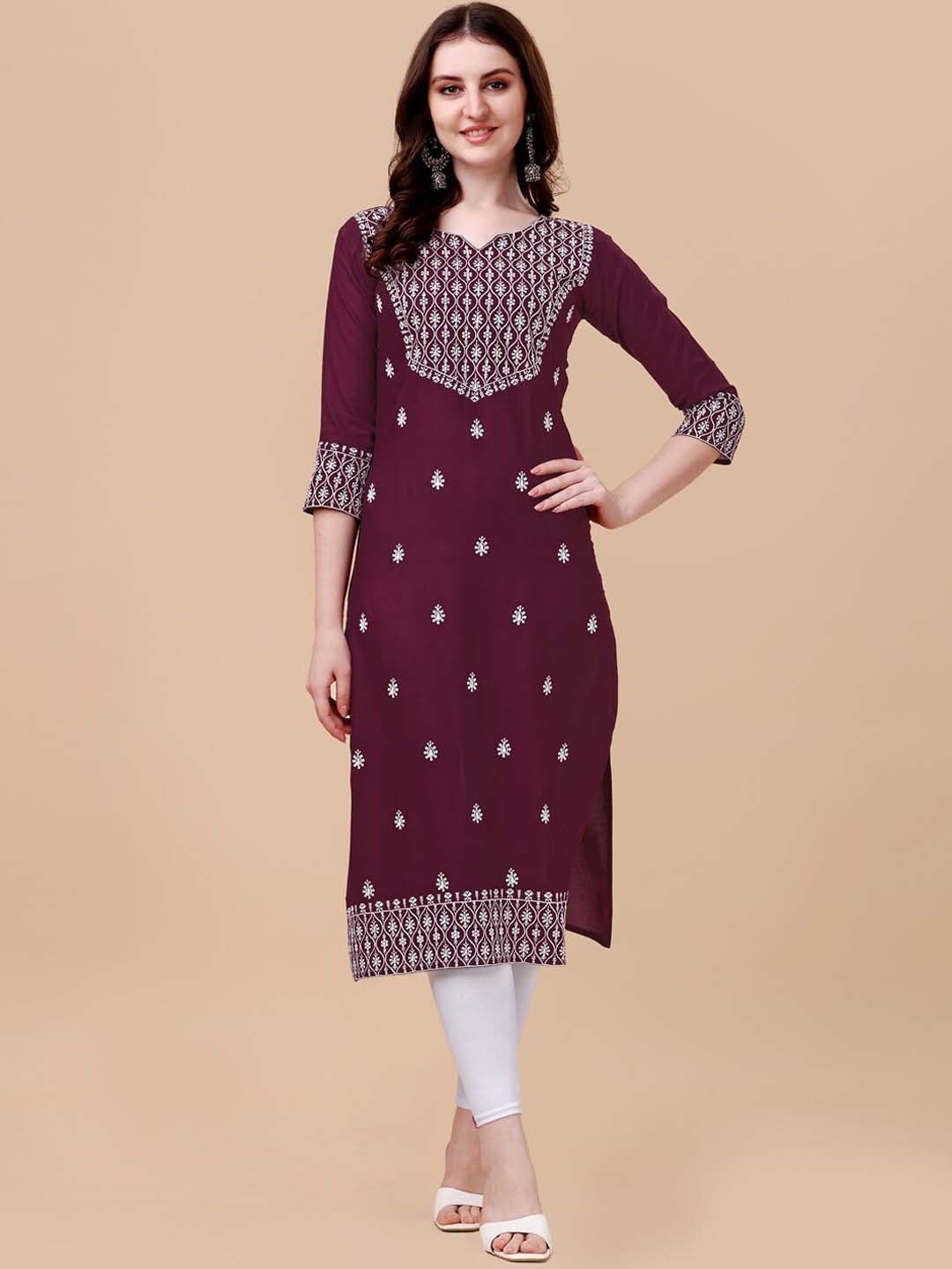 

FabFairy Women Purple & White Floral Yoke Design Thread Work Kurta