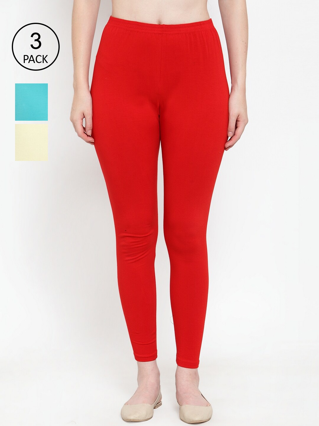 

Jinfo Women Red & Cream Pack Of 3 Solid Ankle Length Cotton Leggings