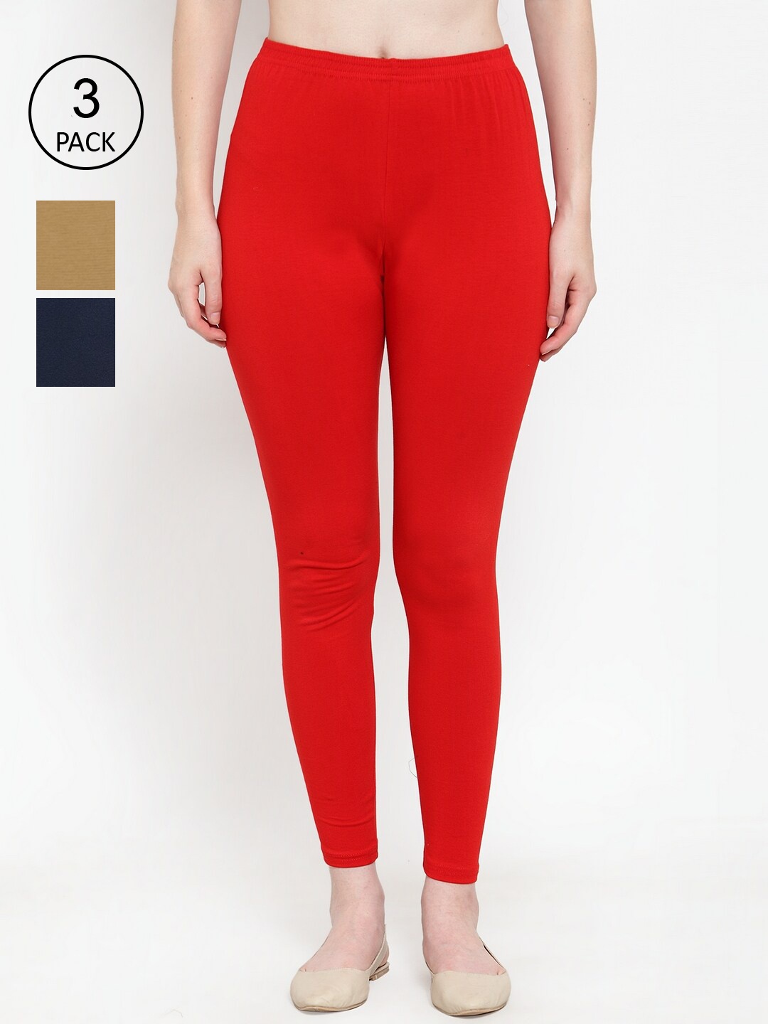 

Jinfo Women Red & Navy Blue Pack Of 3 Solid Ankle-Length Cotton Leggings