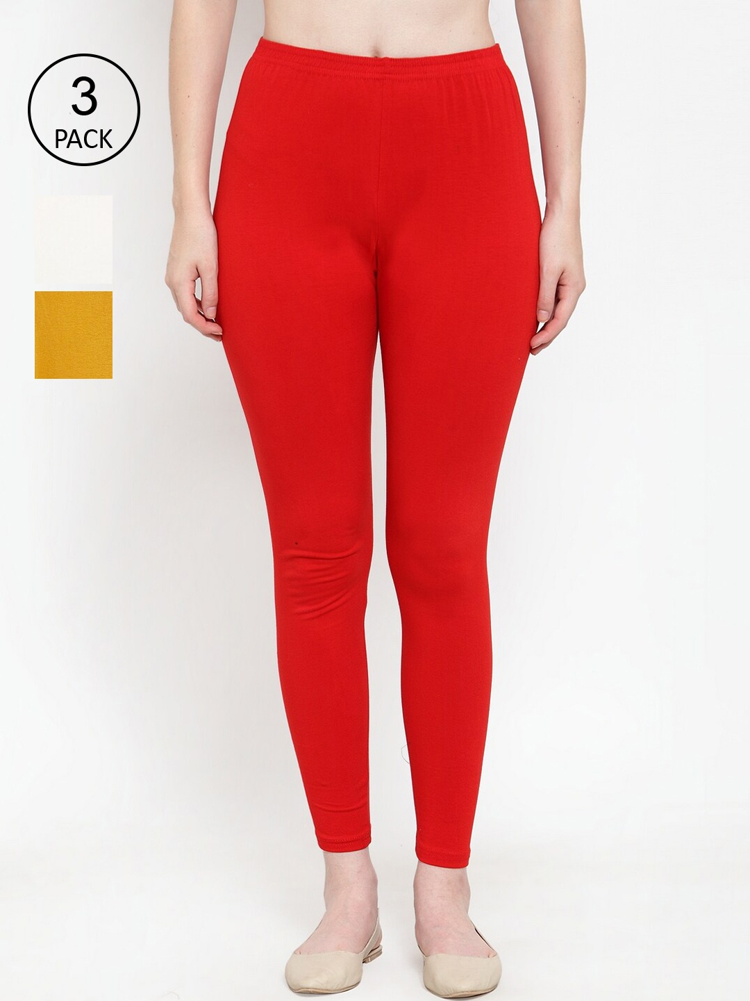 

Jinfo Women Pack Of 3 Solid Super Combod Cotton Lycra Ankle-Length Cotton Leggings, Red