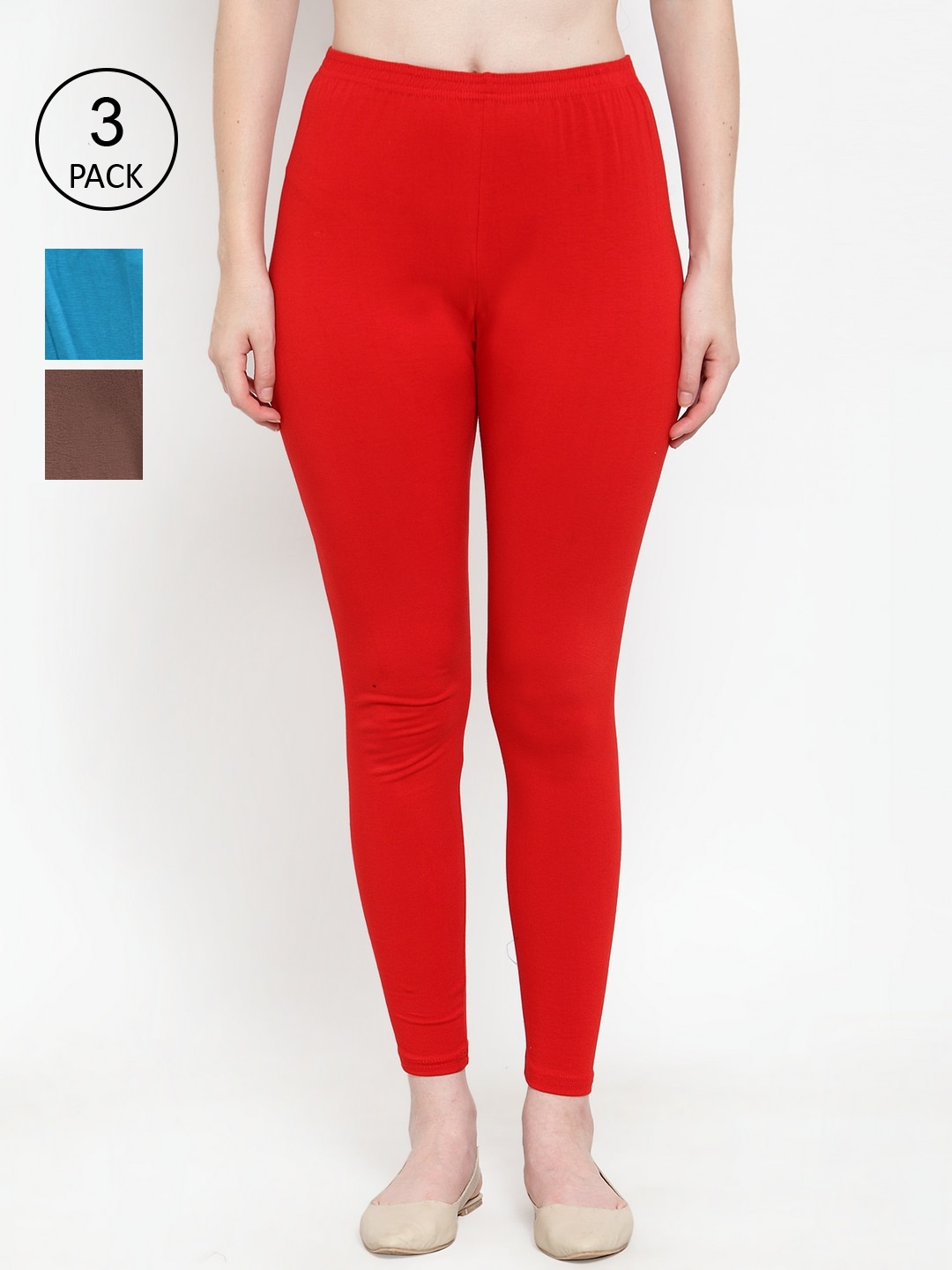 

Jinfo Women Pack Of 3 Solid Super Combod Cotton Lycra Ankle Length Leggings, Red