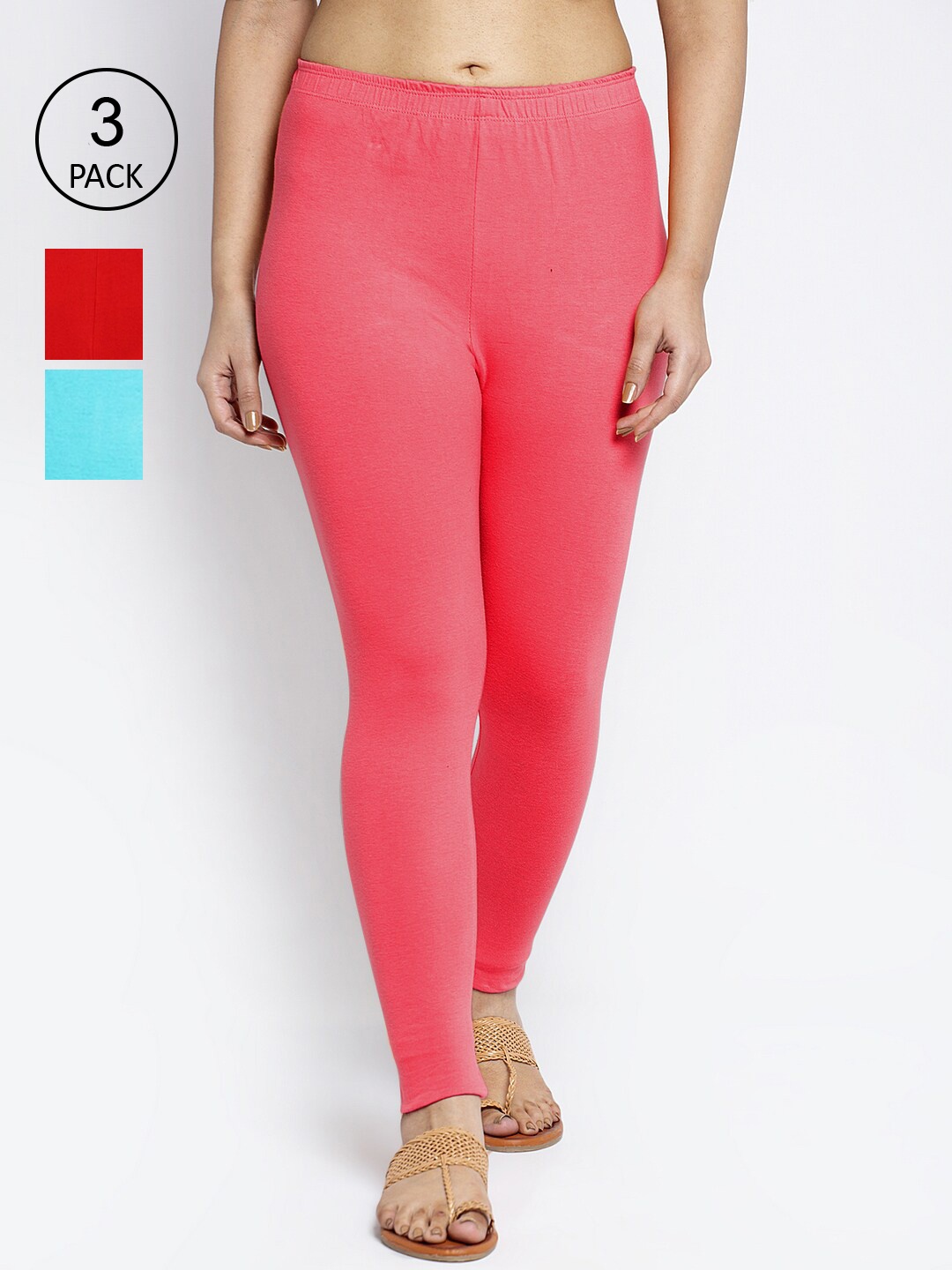 

Jinfo Women Pack Of 3 Solid Ankle-Length Leggings, Red