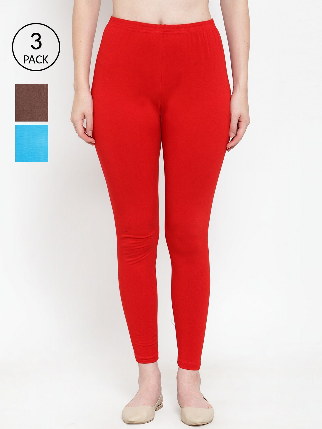 

Jinfo Women Pack Of 3 Solid Ankle-Length Leggings, Red