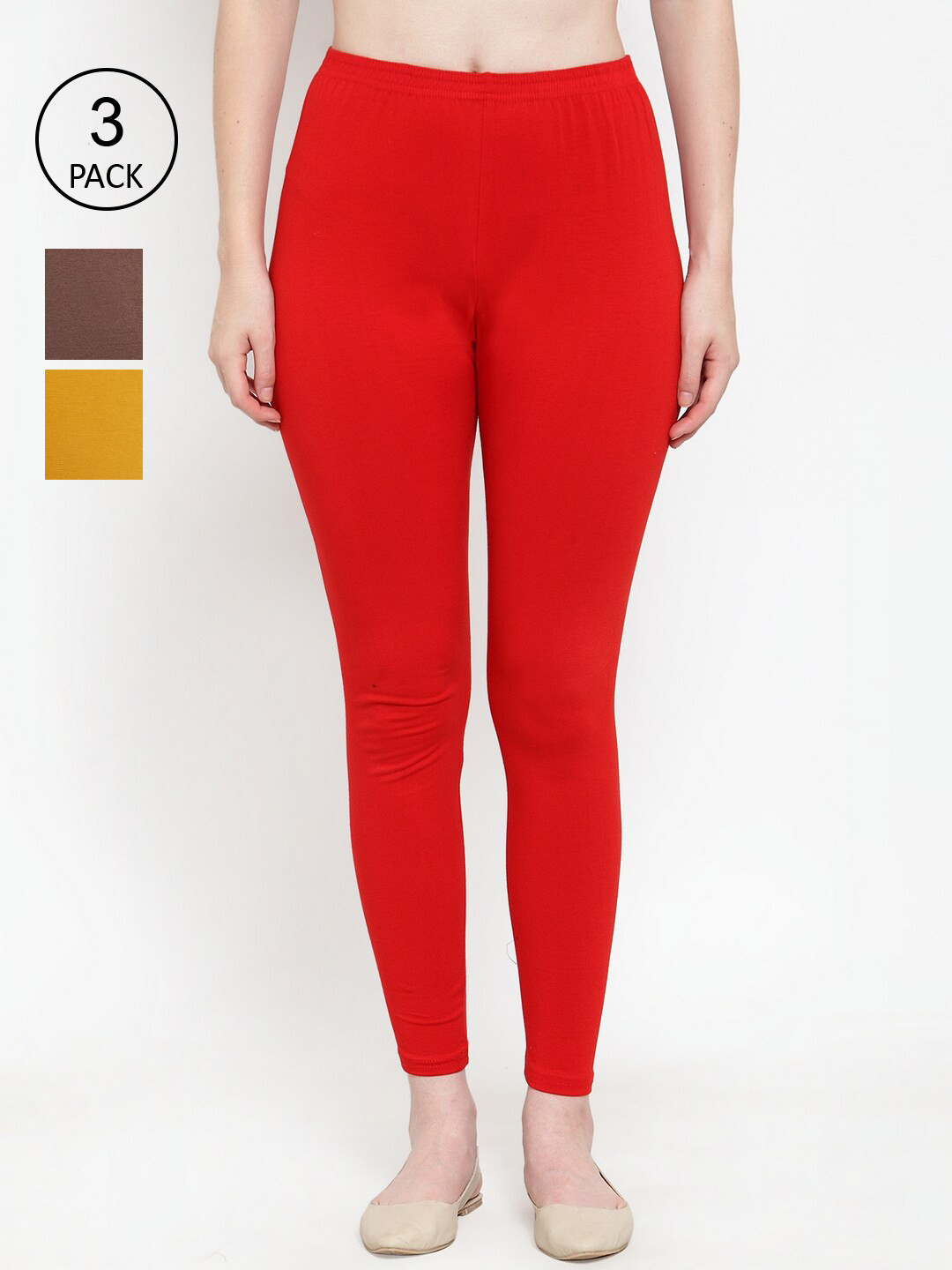 

Jinfo Women Pack Of 3 Solid Ankle-Length Legging, Red