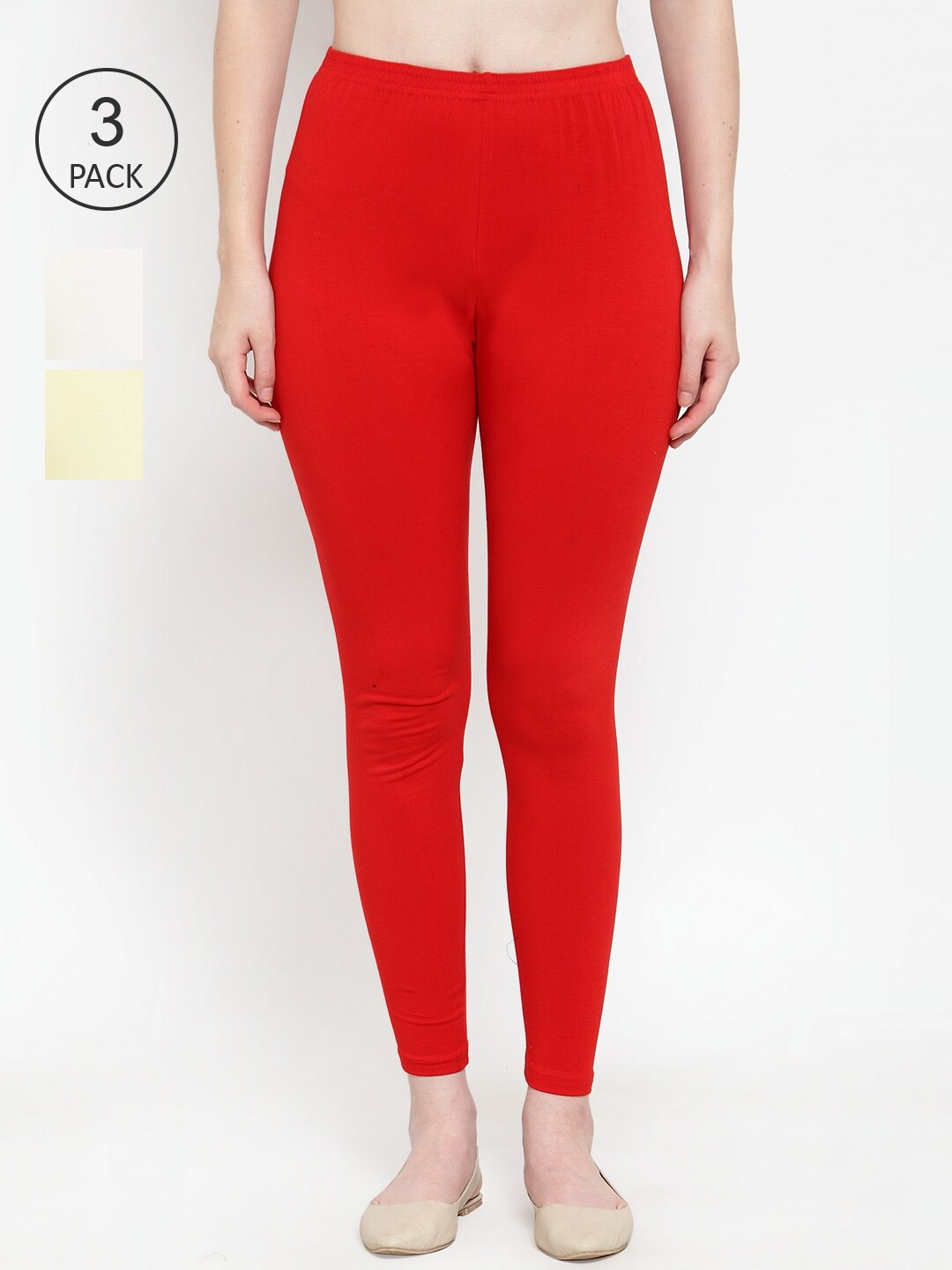 

Jinfo Women Pack of 3 Red, Cream & Off-white Solid Cotton Leggings