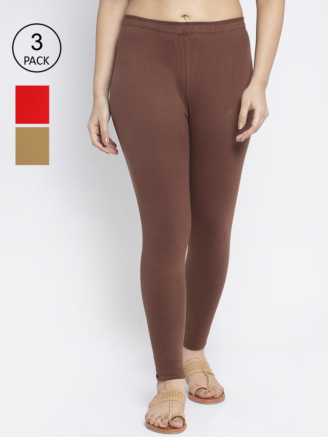 

Jinfo Women Pack Of 3 Solid Ankle-Length Leggings, Red