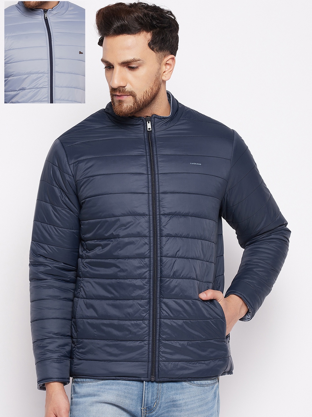 

Okane Men Navy Blue & Grey Reversible Padded Jacket