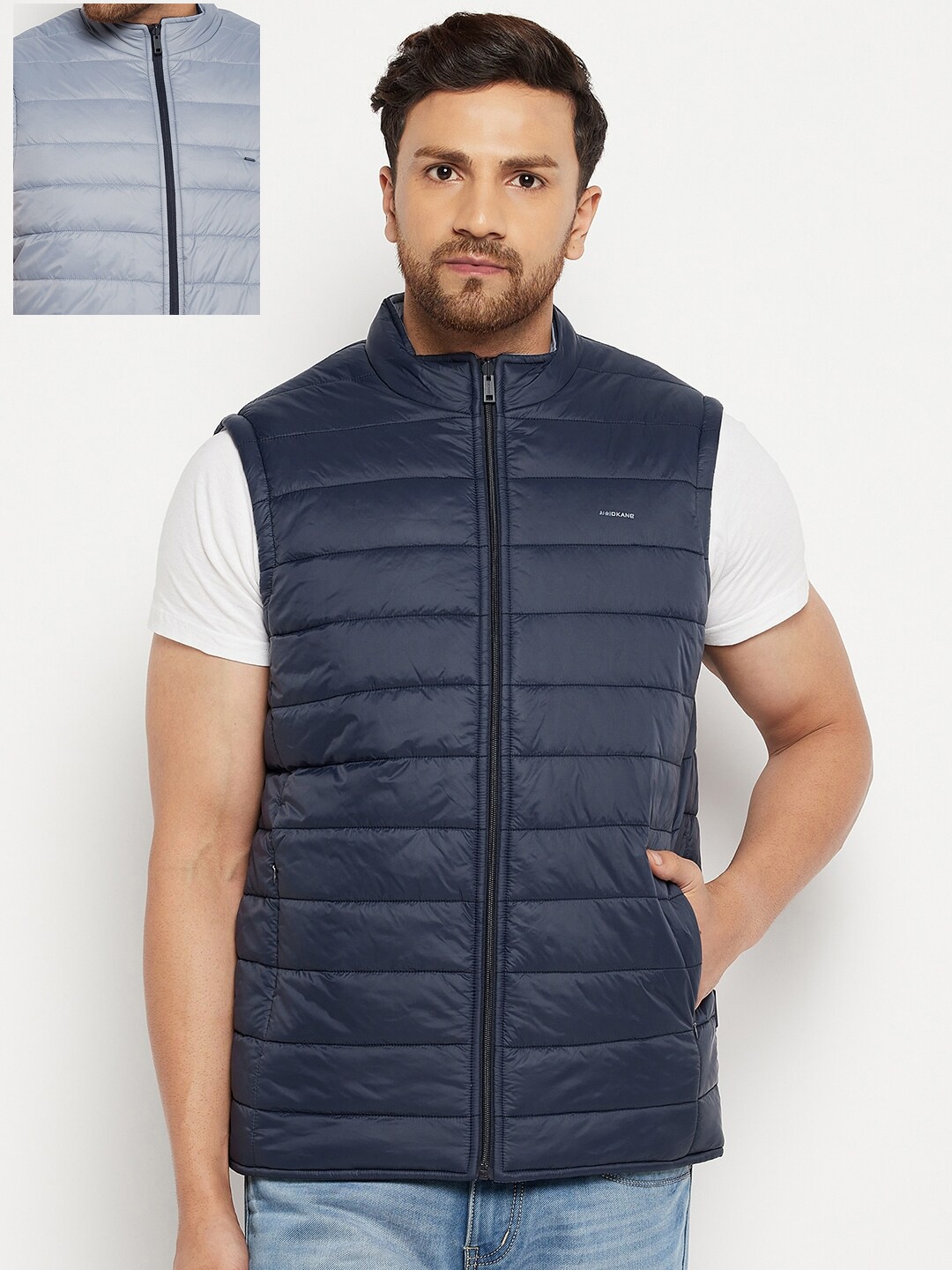 

Okane Men Navy Blue & Grey Reversible Padded Jacket