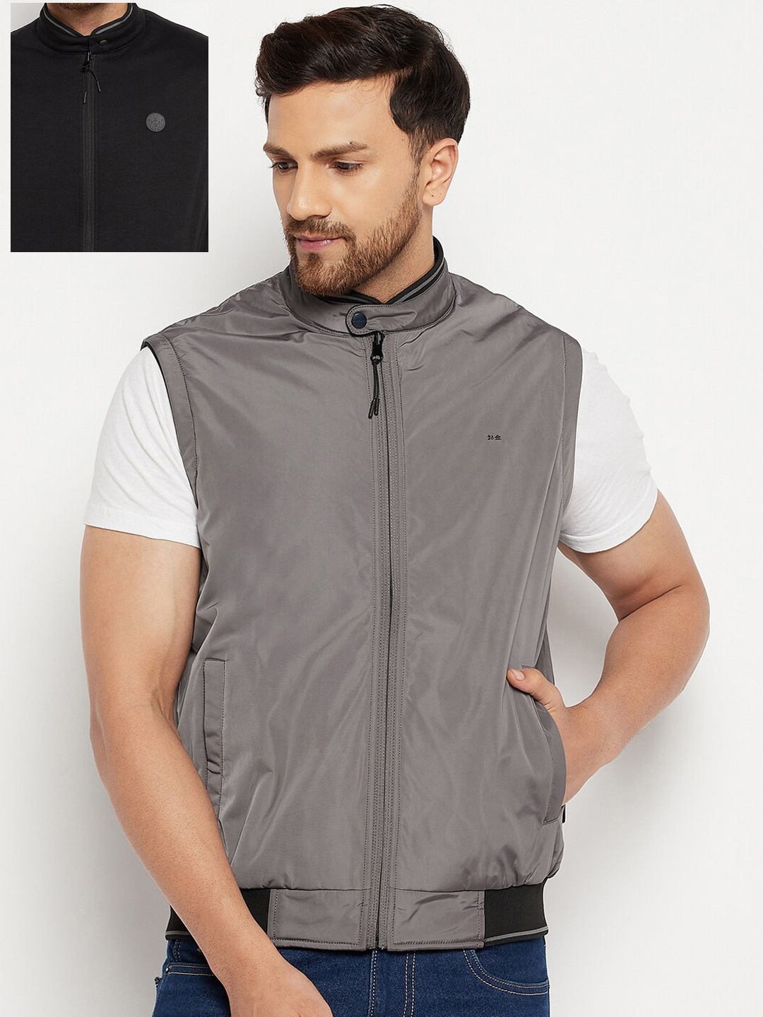 

Okane Men Grey & Black Reversible Bomber Jacket
