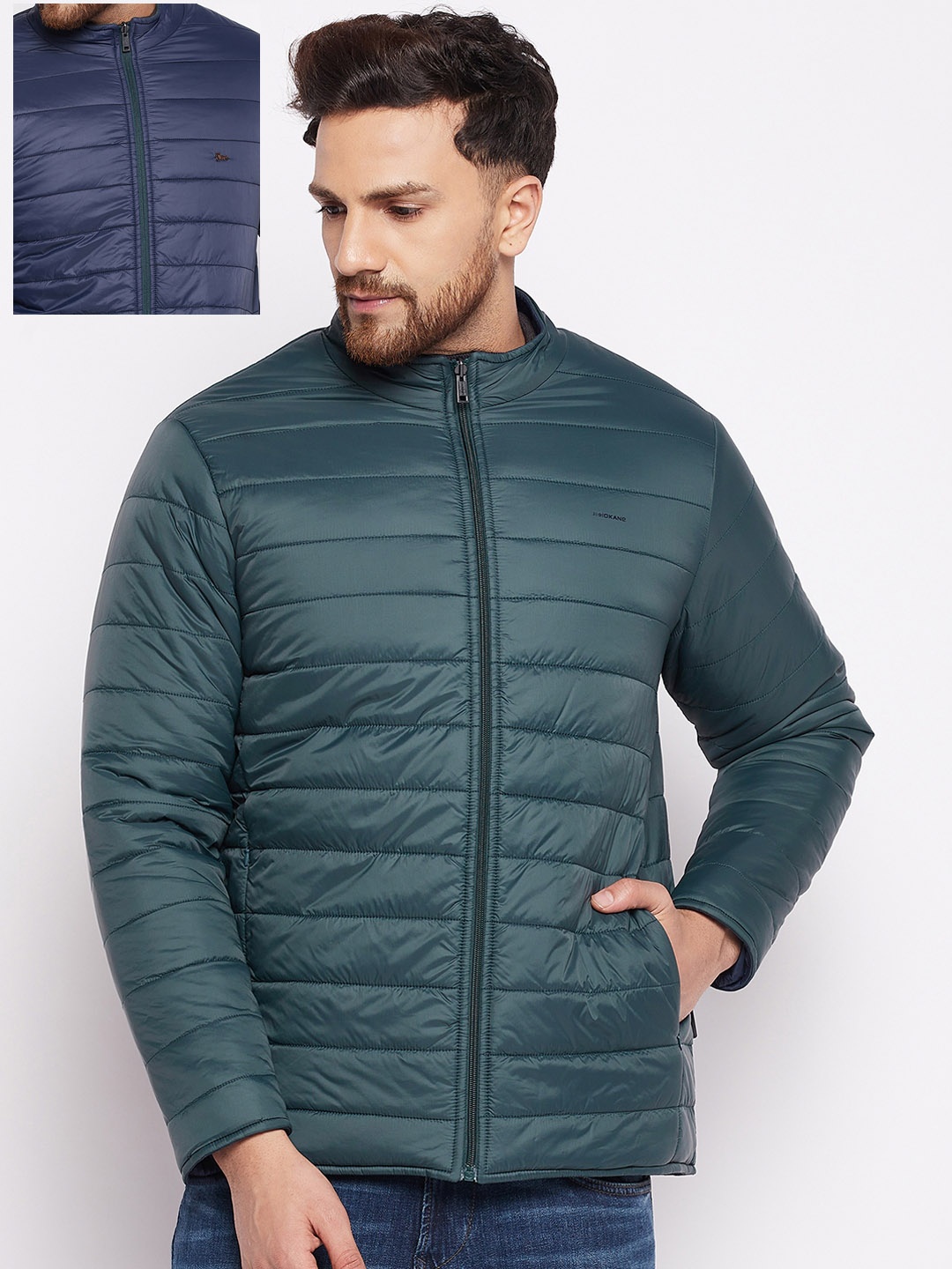 

Okane Men Green & Navy Blue Reversible Padded Jacket