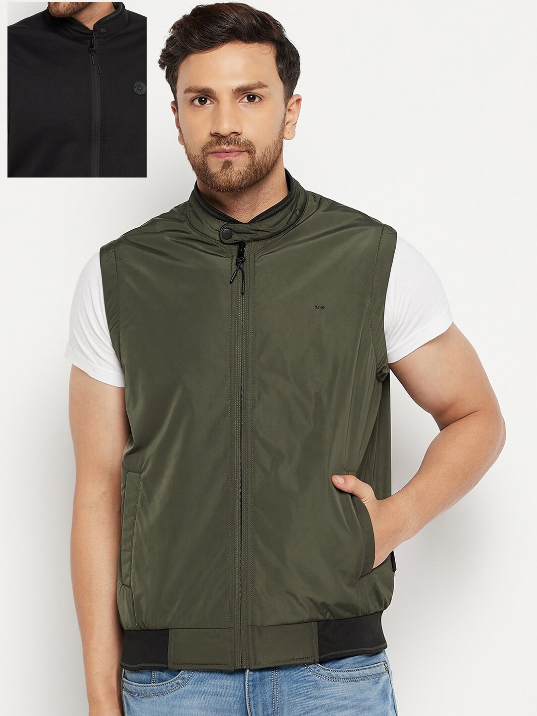 

Okane Men Olive Green & Black Reversible Bomber Jacket