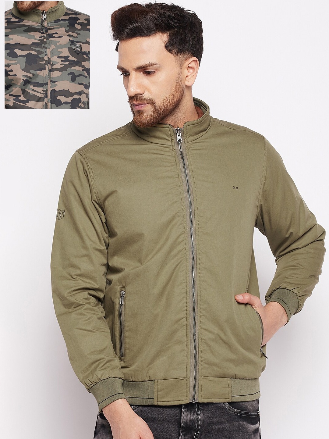 

Okane Men Olive Green & Grey Reversible Cotton Bomber Jacket