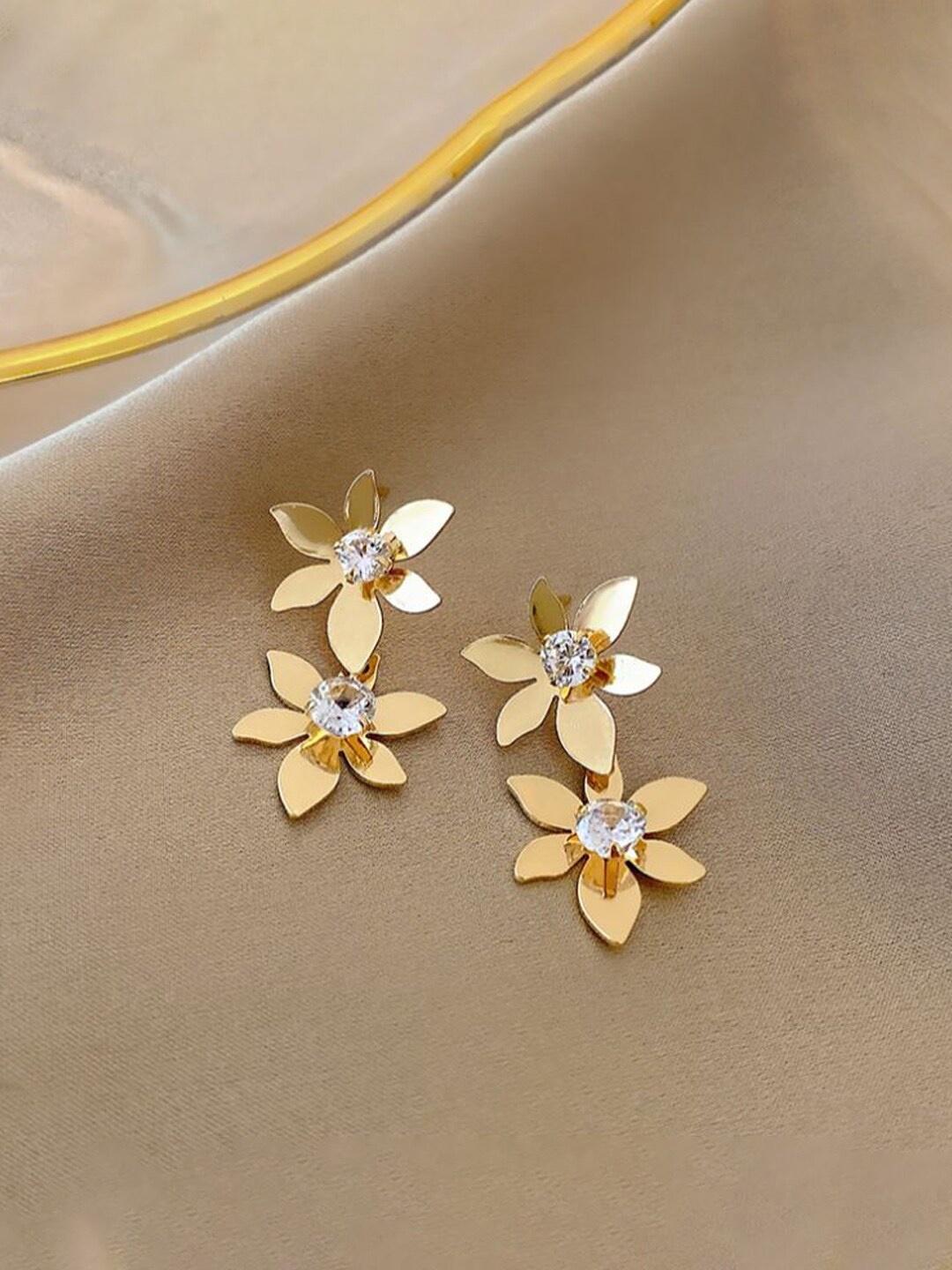 

Yellow Chimes Women Gold-Toned Double Flower Hanging Drop Earrings