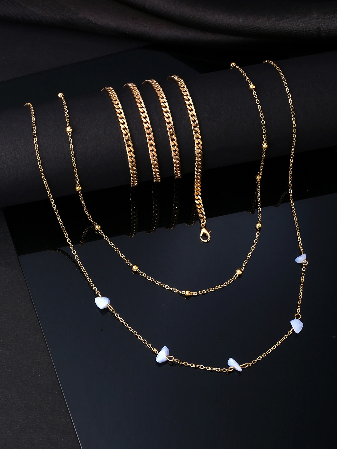

Yellow Chimes Women Golden Pearl Studded Three Layered Waist Chain, Gold