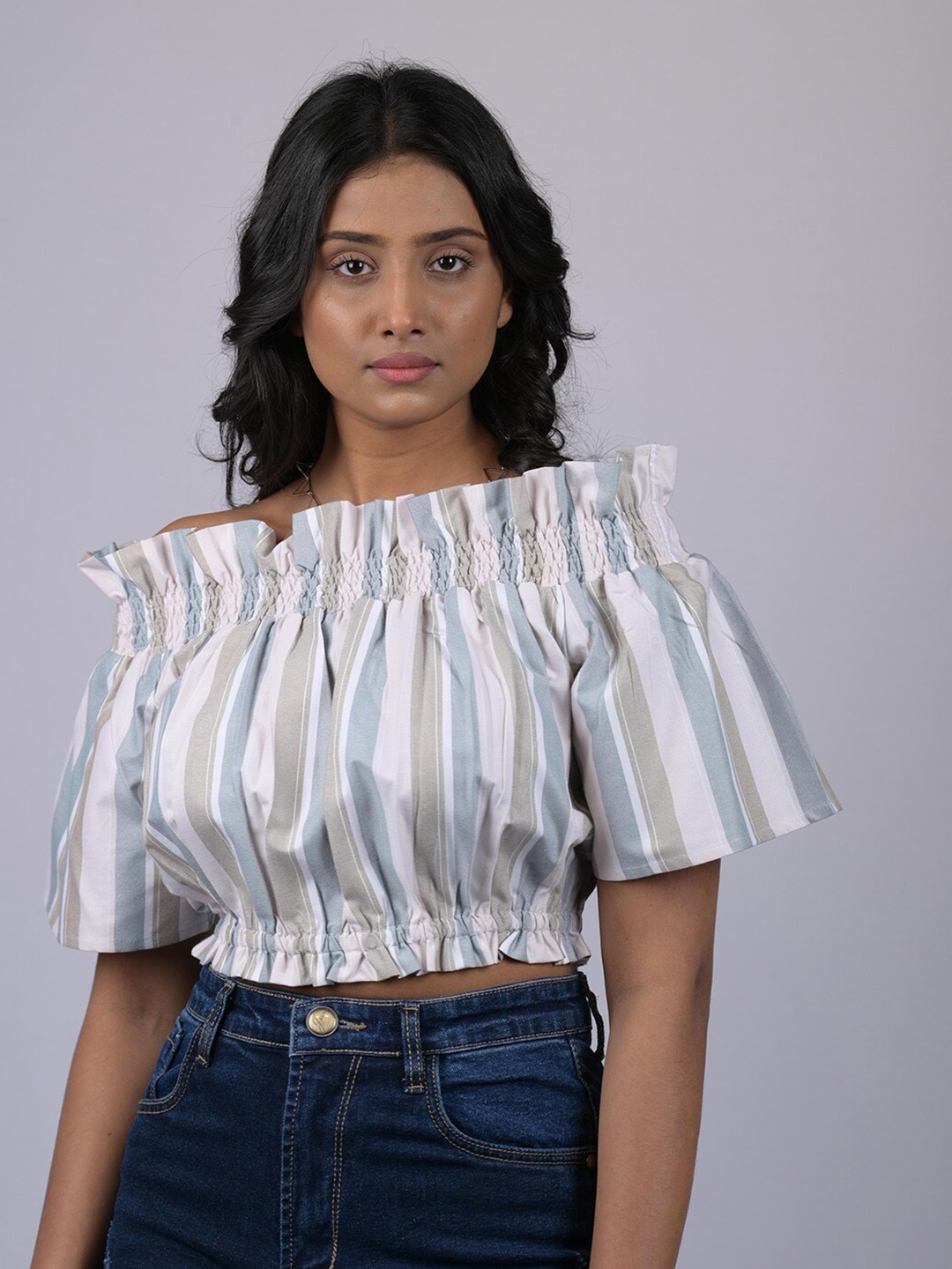 

OWO THE LABEL Women Grey & Blue Striped Off-Shoulder Blouson Crop Top