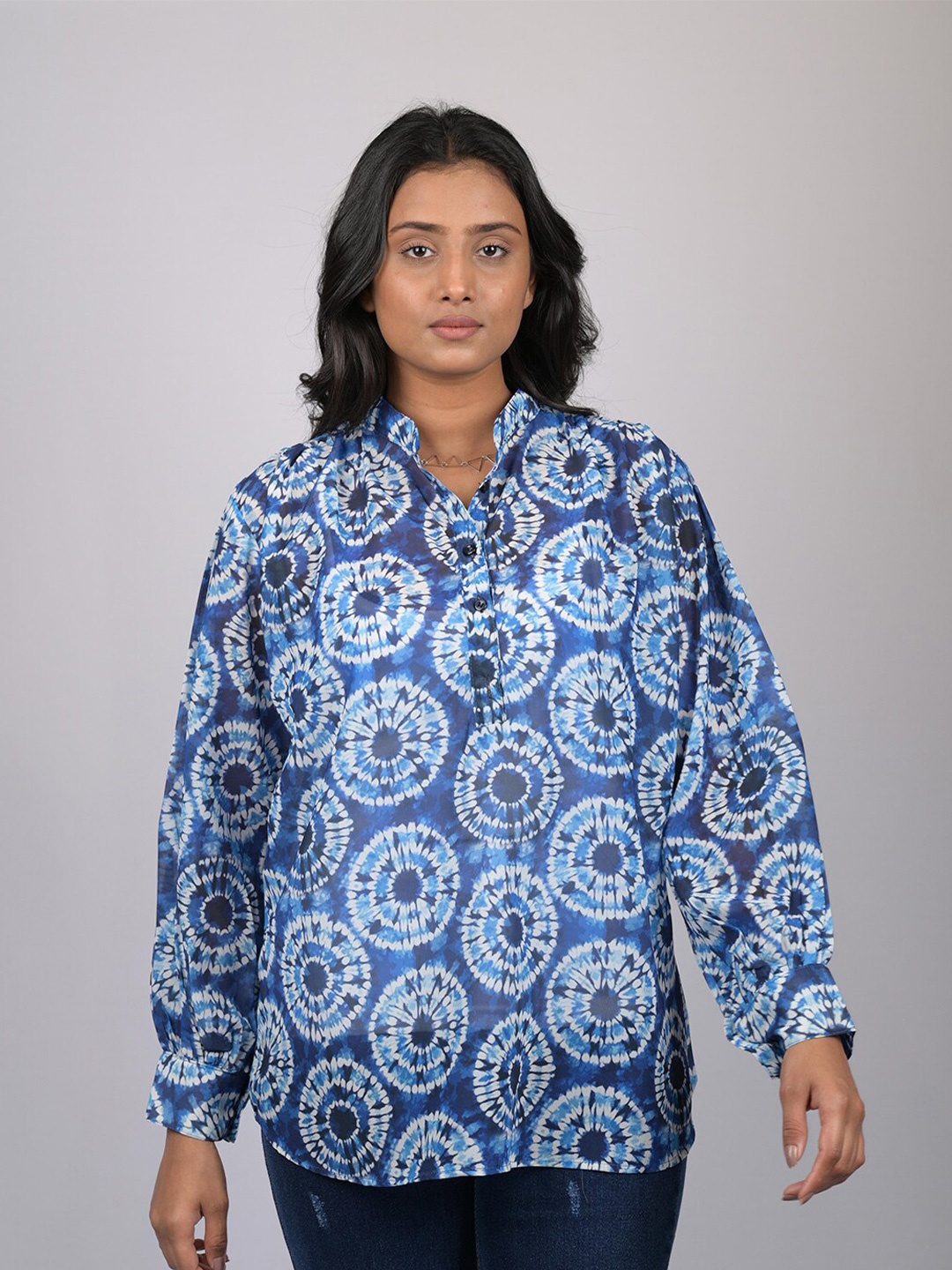 

OWO THE LABEL Women Blue Print Mandarin Collar Chiffon Shirt Style Top