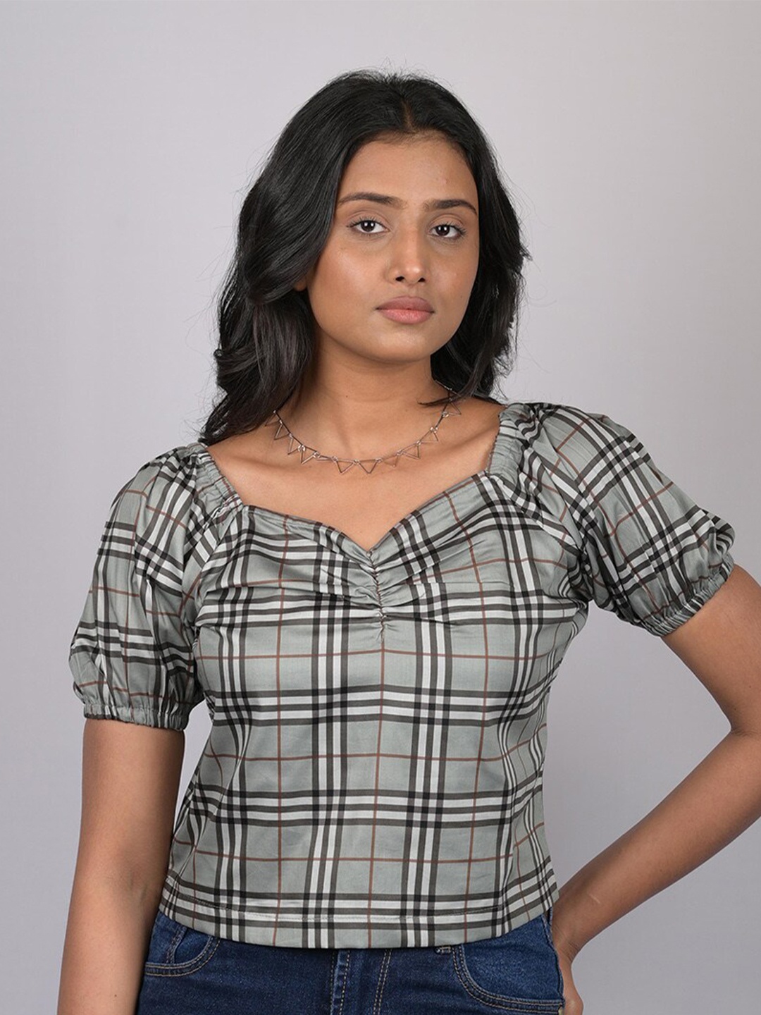 

OWO THE LABEL Women Grey & Black Checked Crop Top