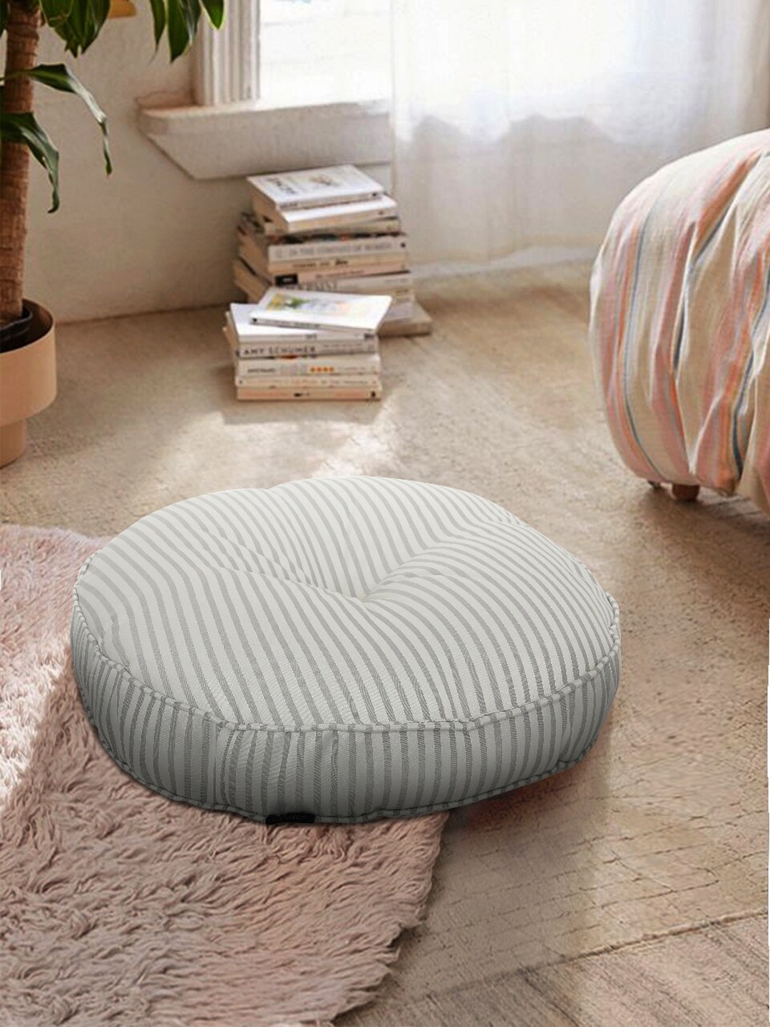 

S9home by Seasons Silver-toned and Grey Striped Round Floor Cushion
