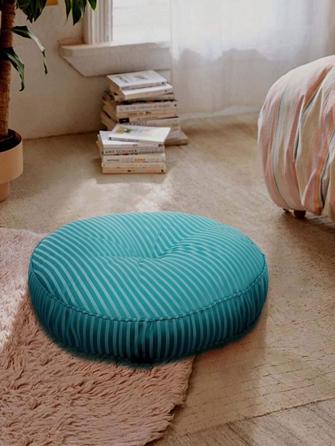 

S9home by Seasons Turquoise Blue Striped Pre-Filled Round Floor Cushion